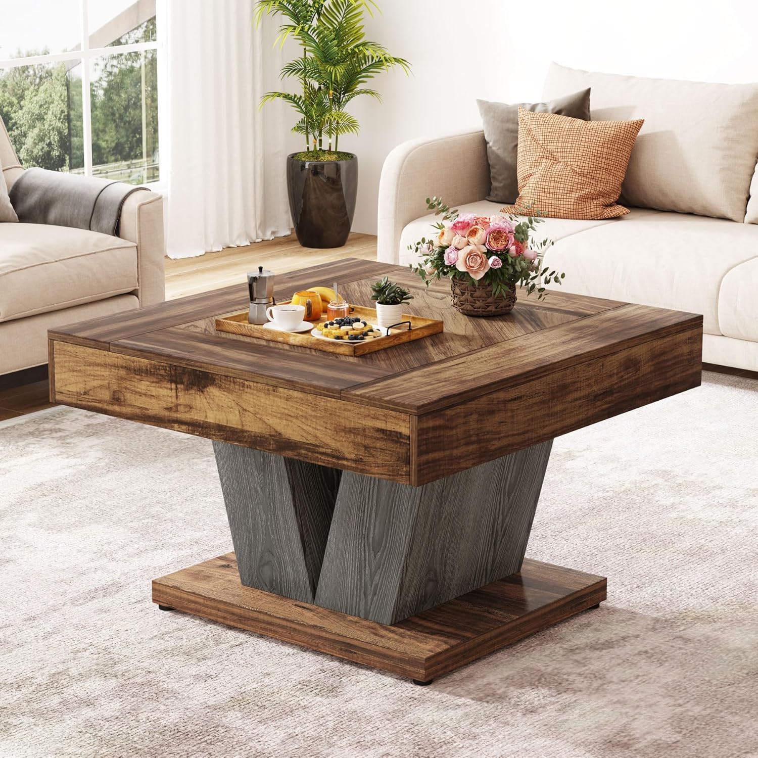 Square Coffee Table With Crisscross Base - Brown / Black - Image 3