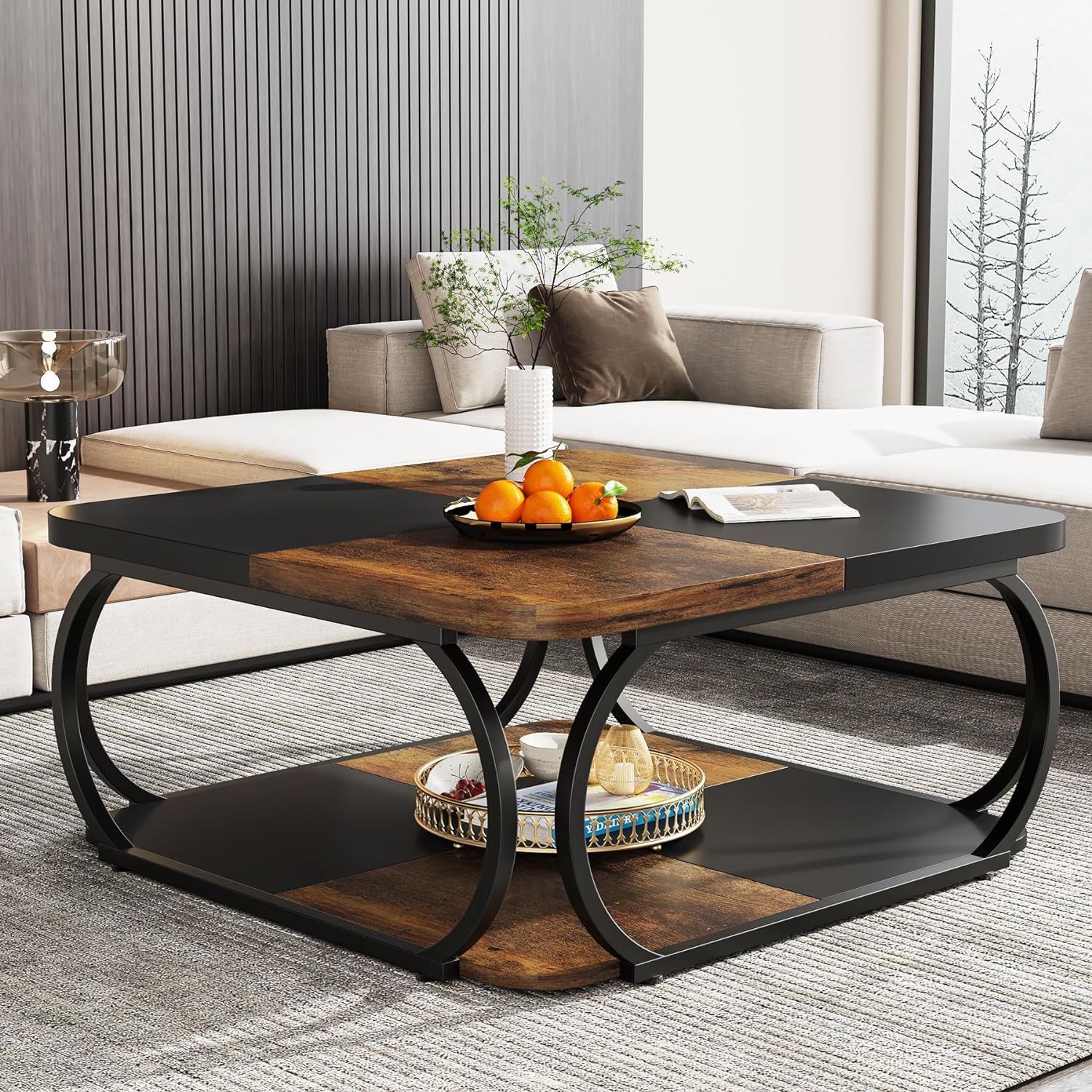 Square Coffee Table With Storage Shelf, 2 Tier For Living Room - Brown / Black - Image 2