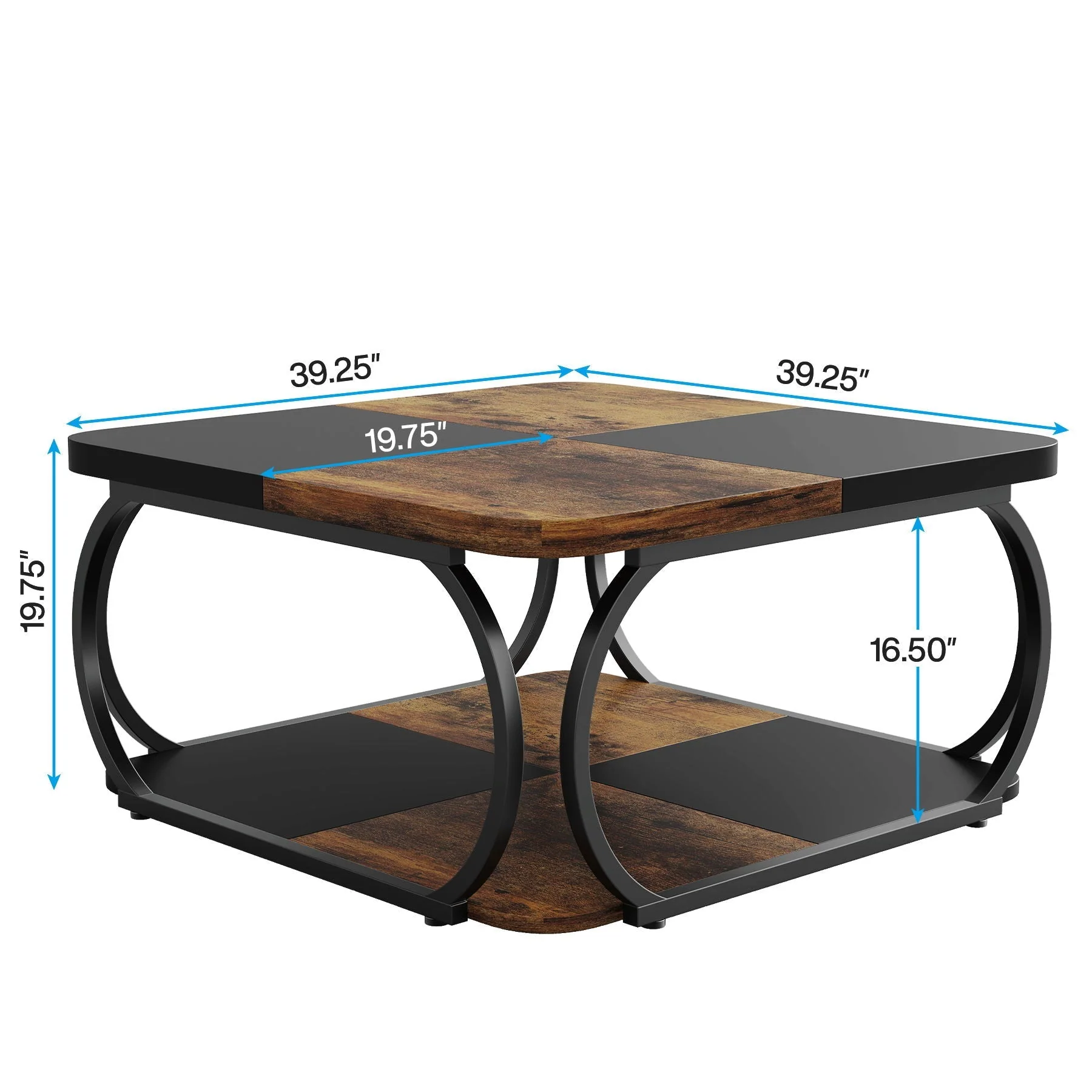 Square Coffee Table With Storage Shelf, 2 Tier For Living Room - Brown / Black - Image 4