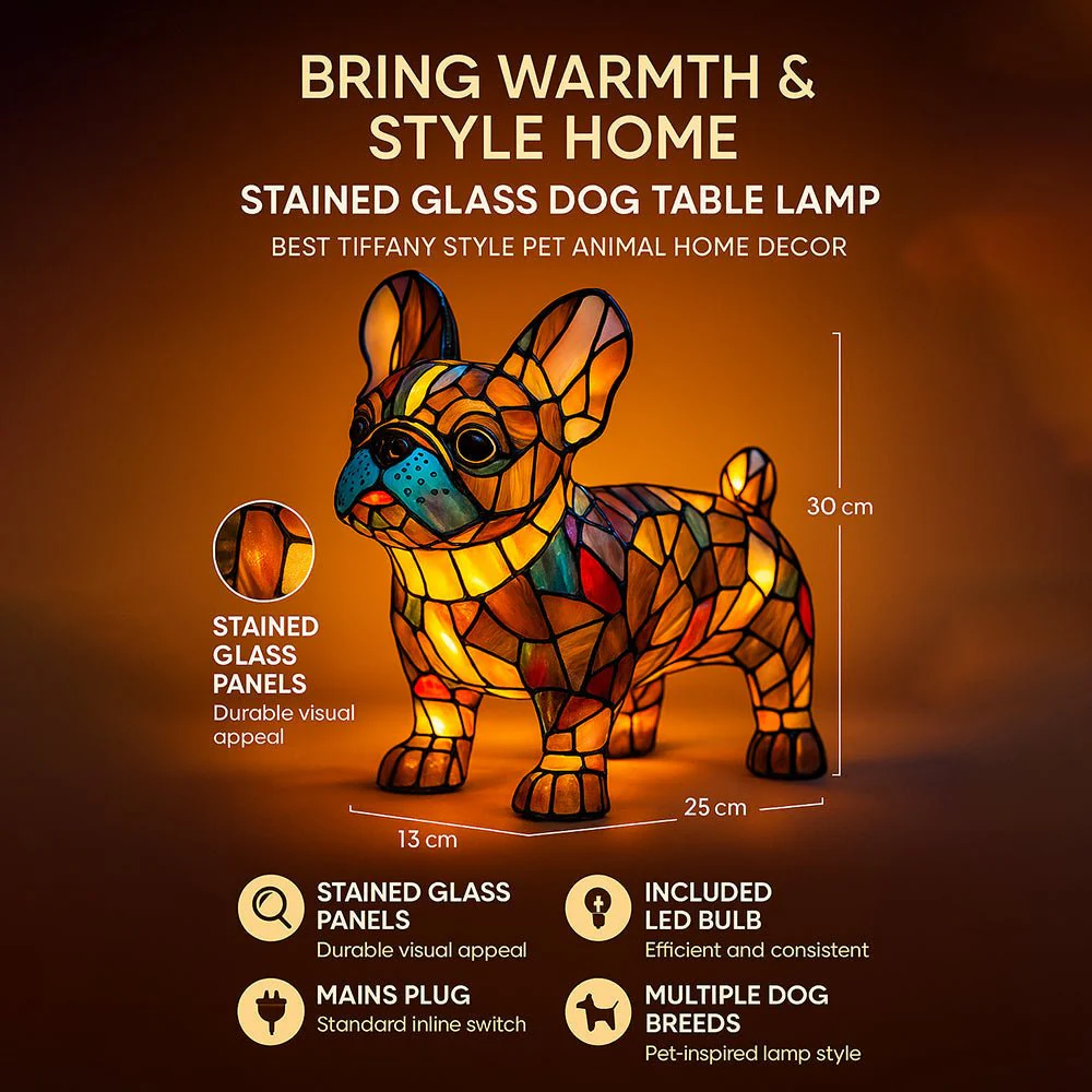 Stained Glass Dog Table Lamp Tiffany Style Animal LED Light - Image 2