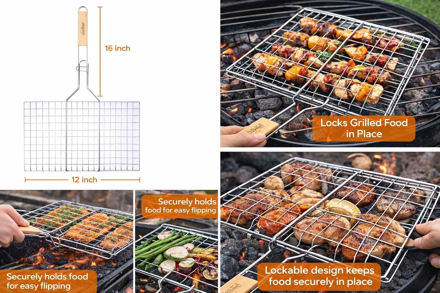 Stainless Steel Grill Basket with Wooden Handle, 16x12 Inch, 2 Pack, BBQ Grilling Rack for Vegetables, Fish and Seafood - Image 2
