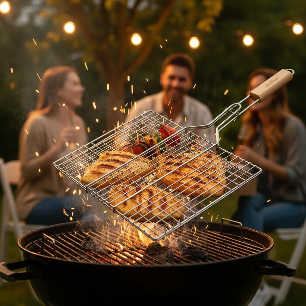 Stainless Steel Grill Basket with Wooden Handle, 16x12 Inch, 2 Pack, BBQ Grilling Rack for Vegetables, Fish and Seafood - Image 4