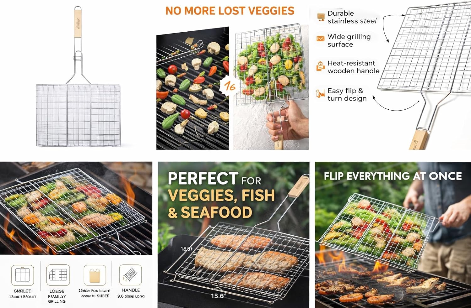 Stainless Steel Grill Basket with Wooden Handle, 16x12 Inch, 2 Pack, BBQ Grilling Rack for Vegetables, Fish and Seafood - Image 7