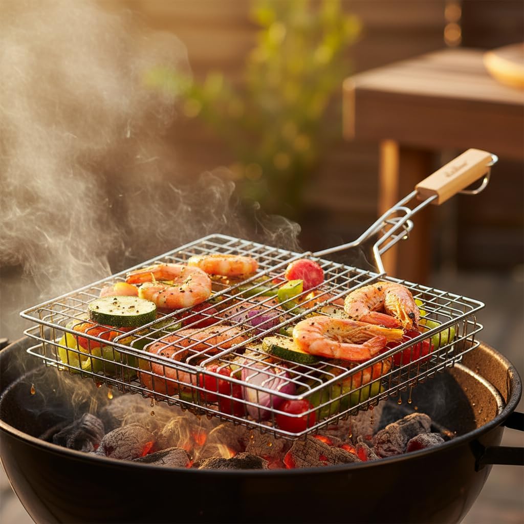 Stainless Steel Grill Basket with Wooden Handle, 16x12 Inch, 2 Pack, BBQ Grilling Rack for Vegetables, Fish and Seafood - Image 8