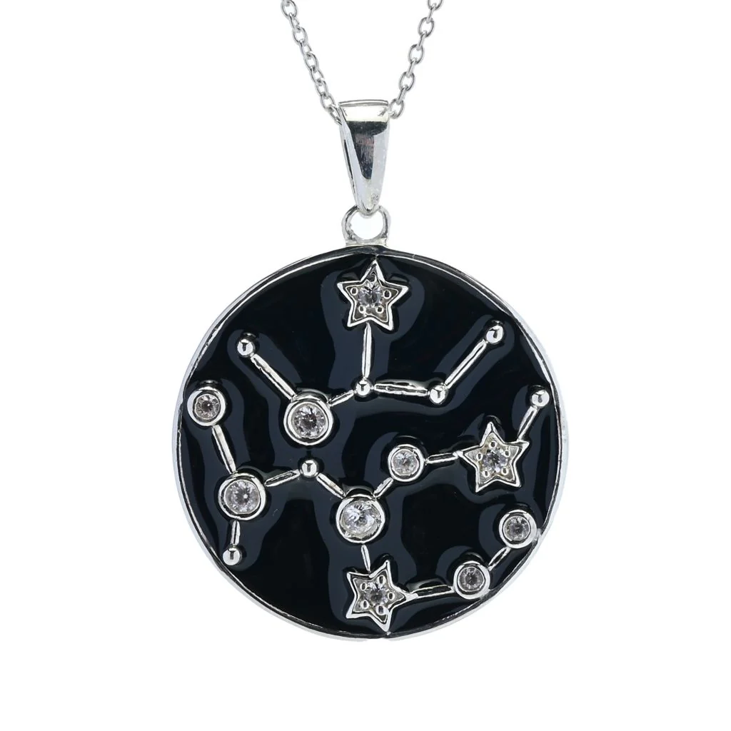 Sterling Silver Choice of Zodiac White Zircon & Black Enamel Pendant w/ Chain - Image 10