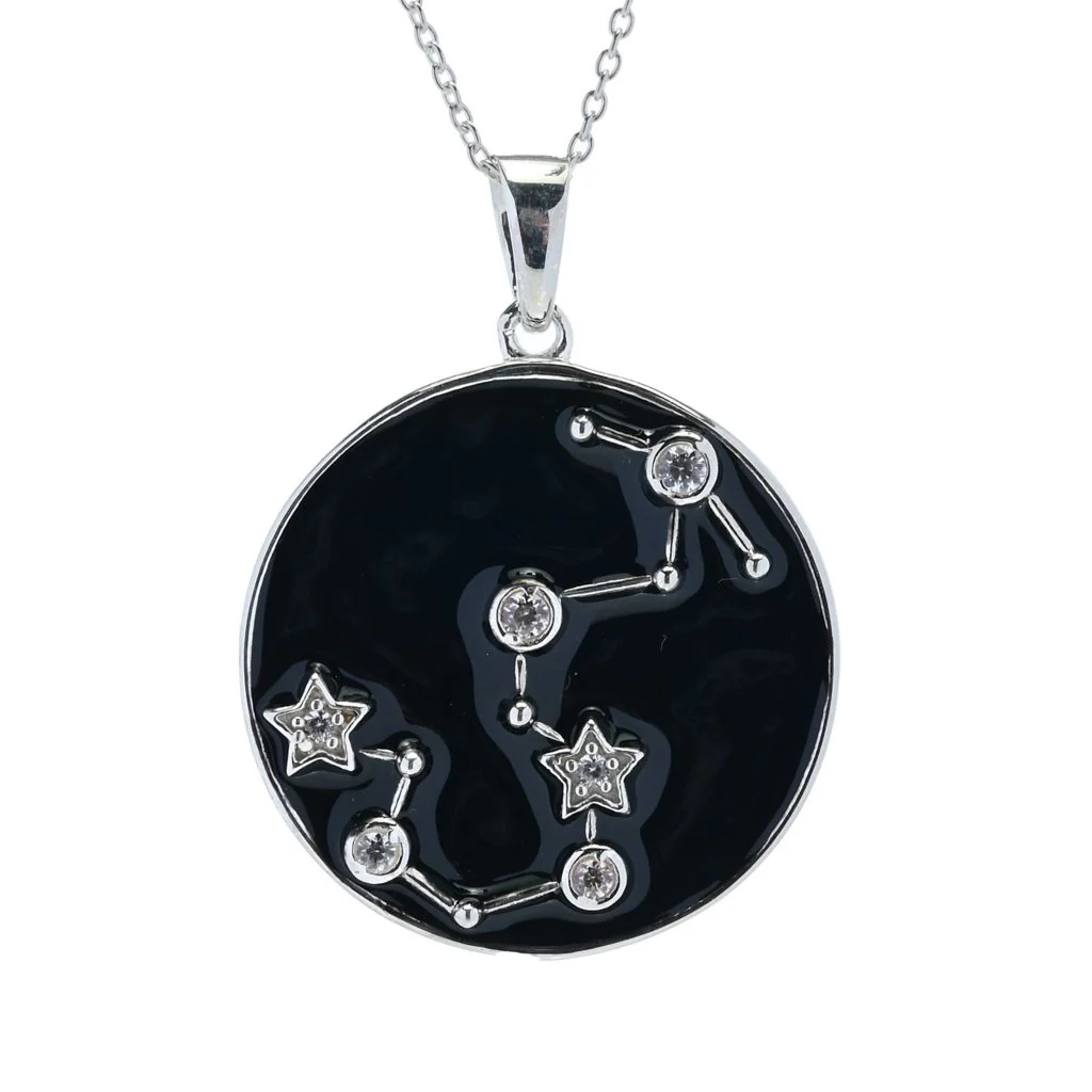 Sterling Silver Choice of Zodiac White Zircon & Black Enamel Pendant w/ Chain - Image 11