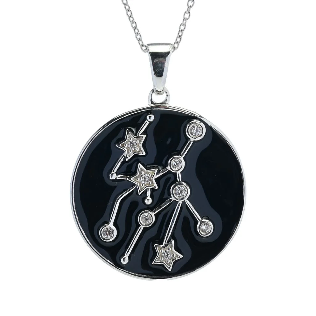 Sterling Silver Choice of Zodiac White Zircon & Black Enamel Pendant w/ Chain - Image 12