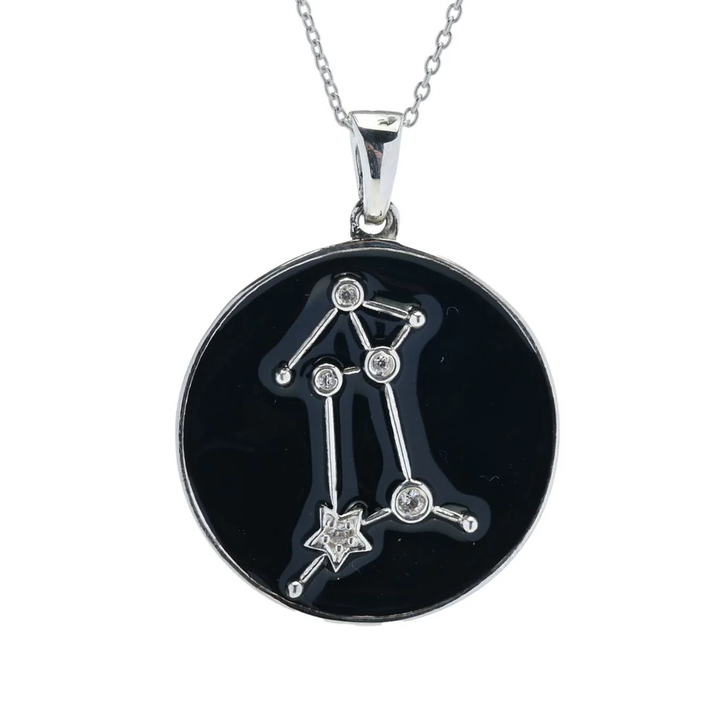 Sterling Silver Choice of Zodiac White Zircon & Black Enamel Pendant w/ Chain - Image 3