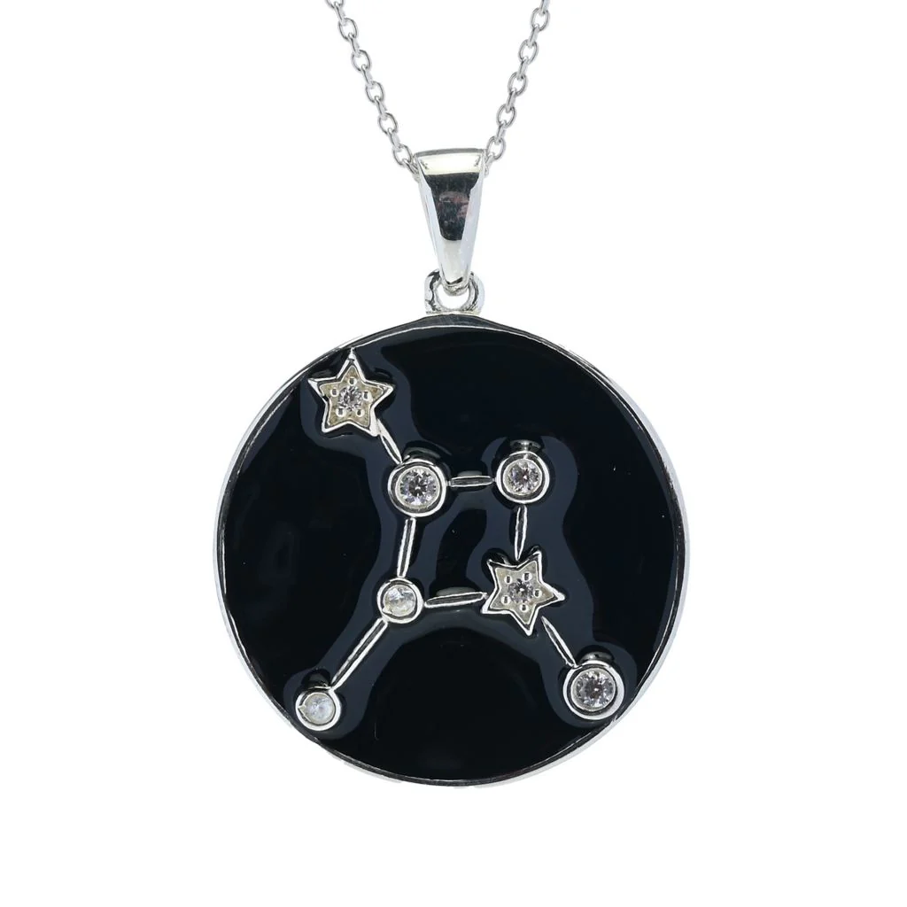 Sterling Silver Choice of Zodiac White Zircon & Black Enamel Pendant w/ Chain - Image 4