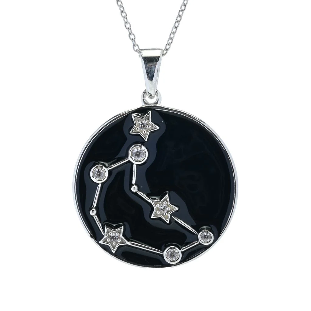Sterling Silver Choice of Zodiac White Zircon & Black Enamel Pendant w/ Chain - Image 5