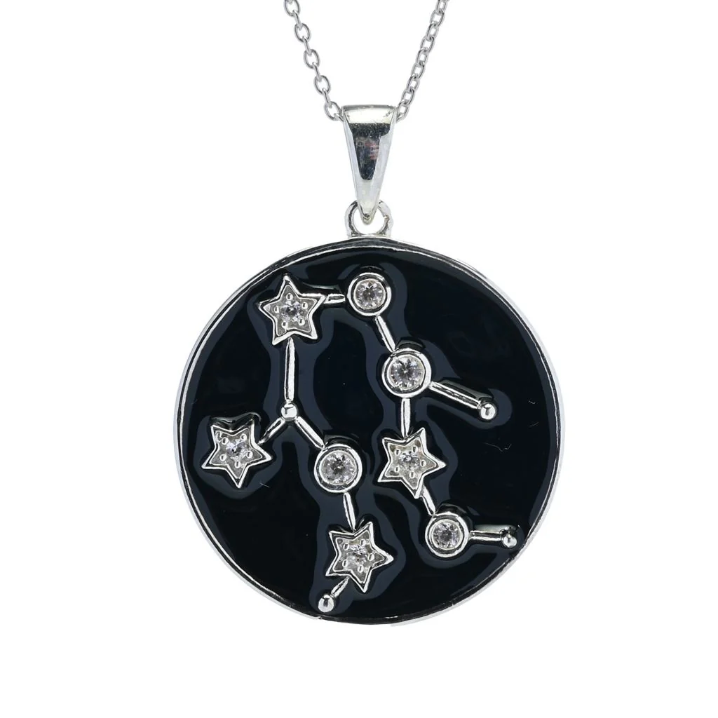 Sterling Silver Choice of Zodiac White Zircon & Black Enamel Pendant w/ Chain - Image 6