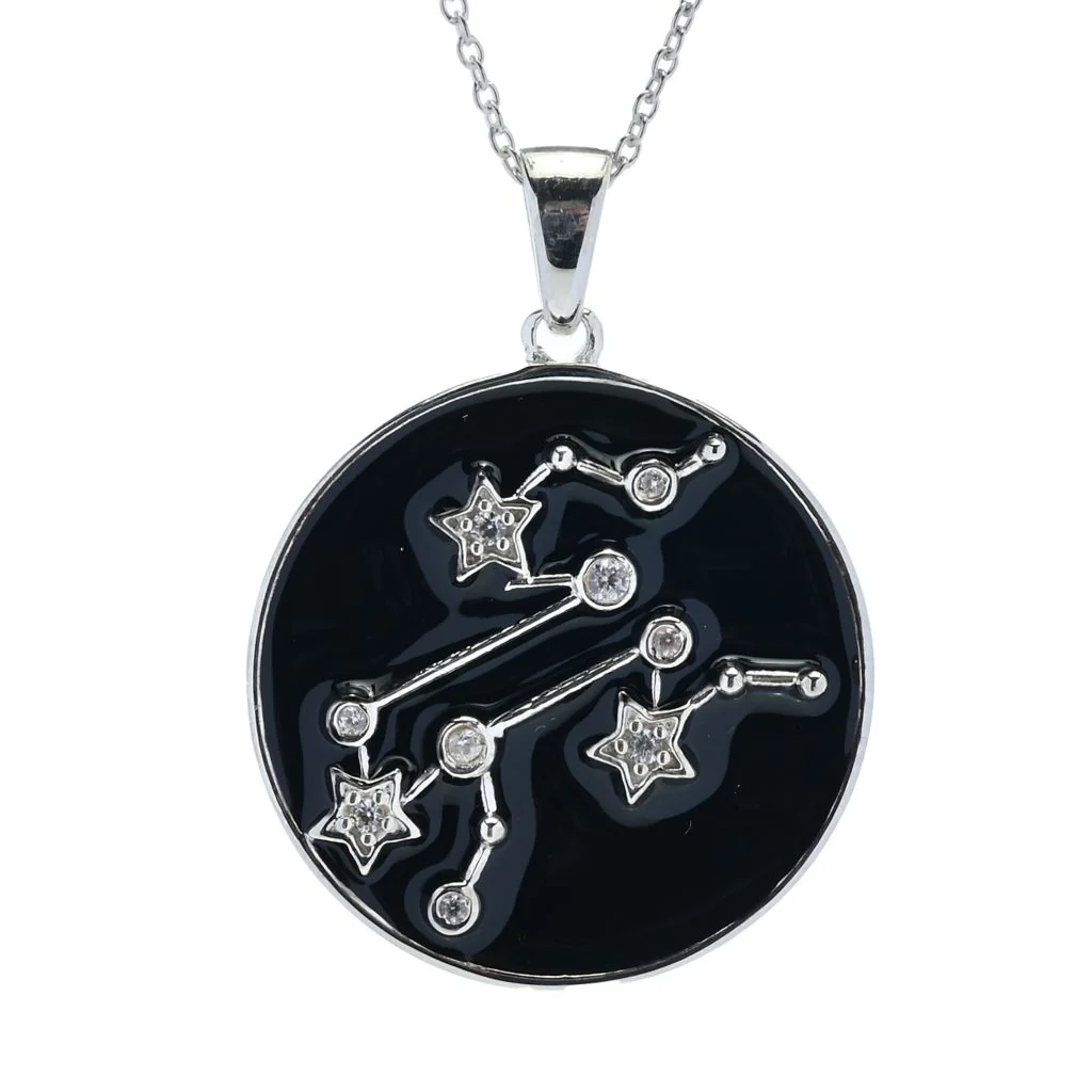 Sterling Silver Choice of Zodiac White Zircon & Black Enamel Pendant w/ Chain - Image 7