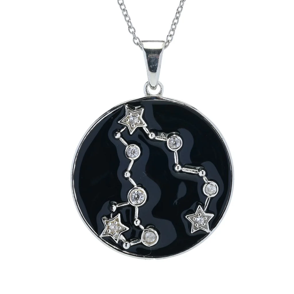 Sterling Silver Choice of Zodiac White Zircon & Black Enamel Pendant w/ Chain - Image 9