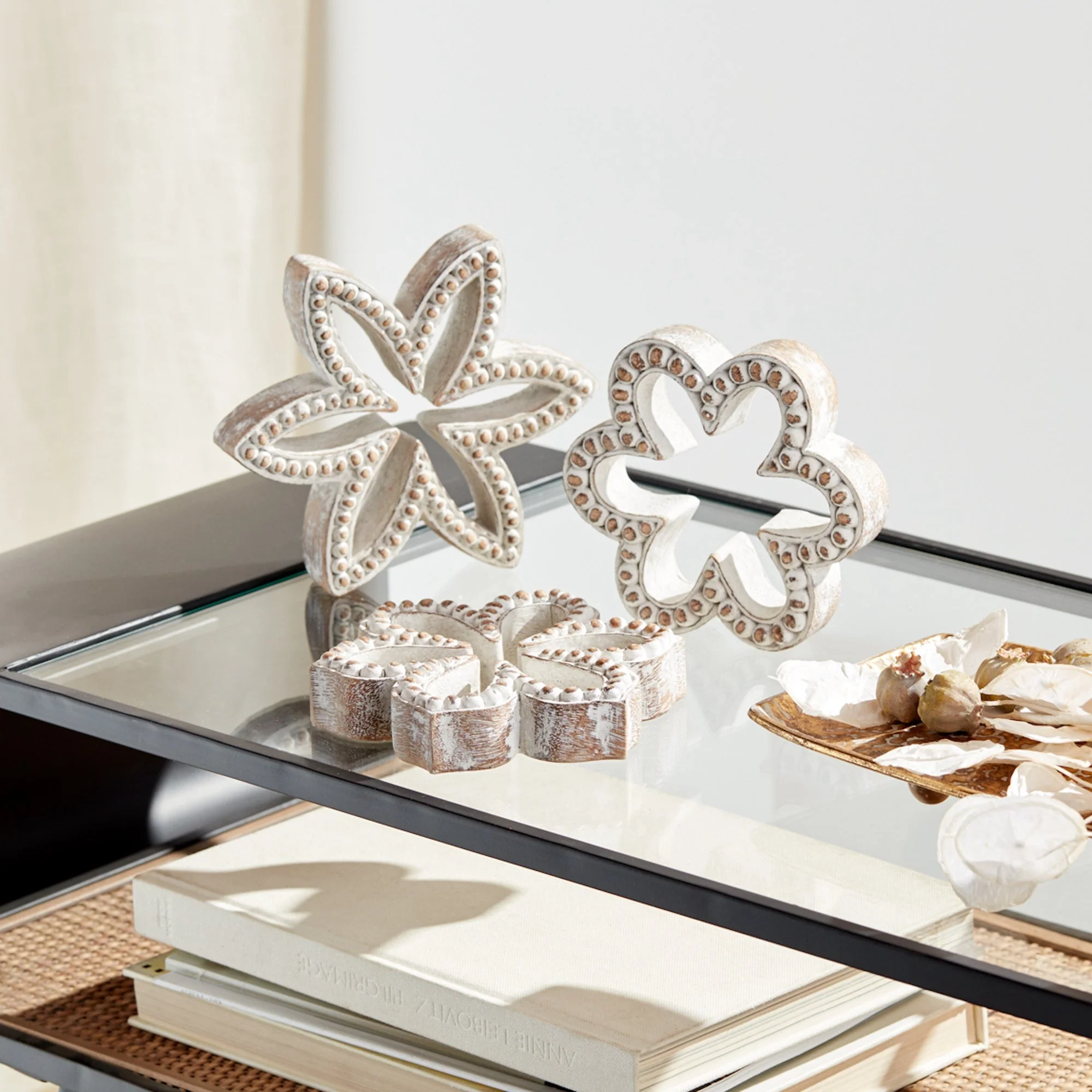 Stone Beaded Flower Shelf Sitter with White Washed Finish (Set of 3) - Image 5