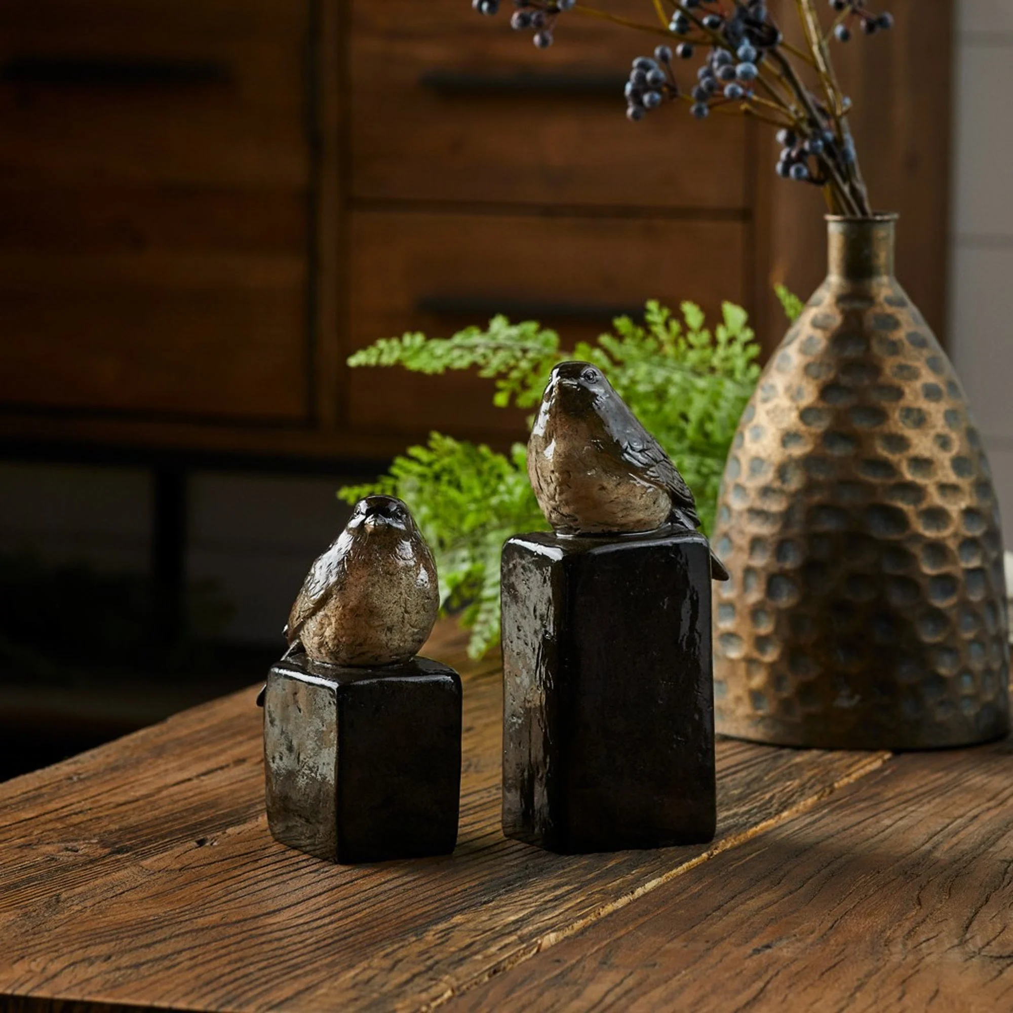 Stone Perched Bird Figurine with Block Weight (Set of 2) - Image 2