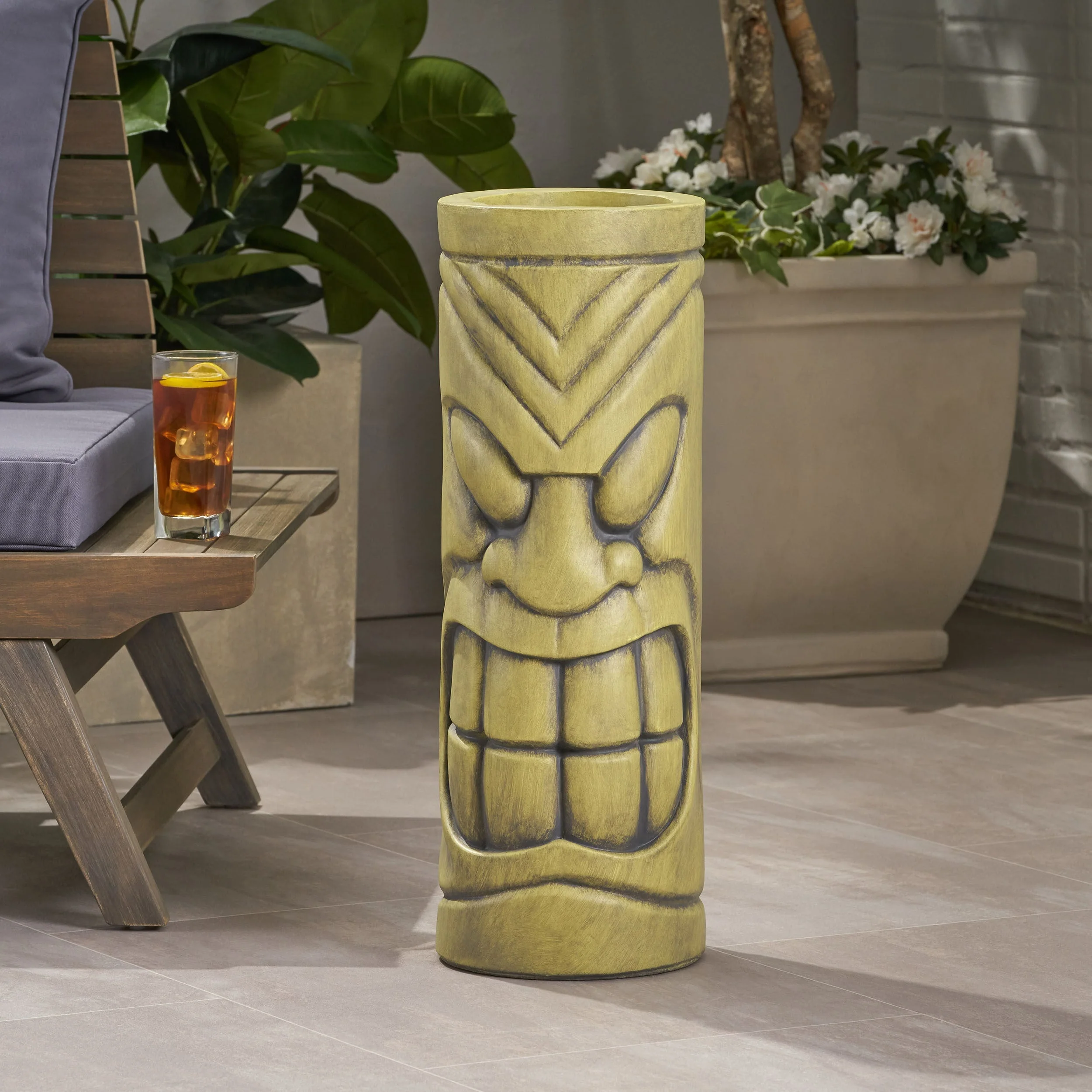 Stone Statue Urn Planter, Decorative Face Plant Pot, Antique Green Finish - Image 5