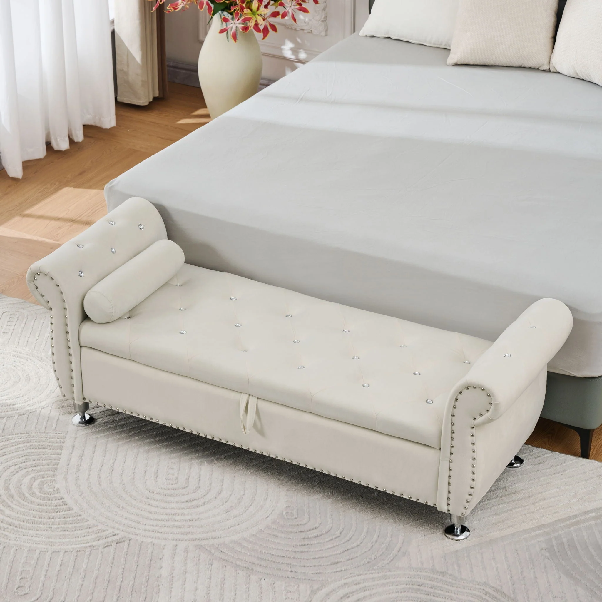 Storage Bench With Crystal Buttons And 1 Pillow For Bedroom - Image 10