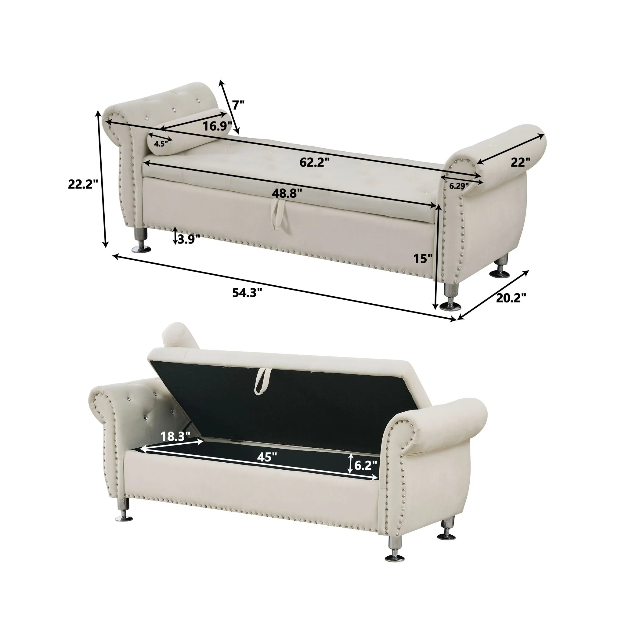 Storage Bench With Crystal Buttons And 1 Pillow For Bedroom - Image 11