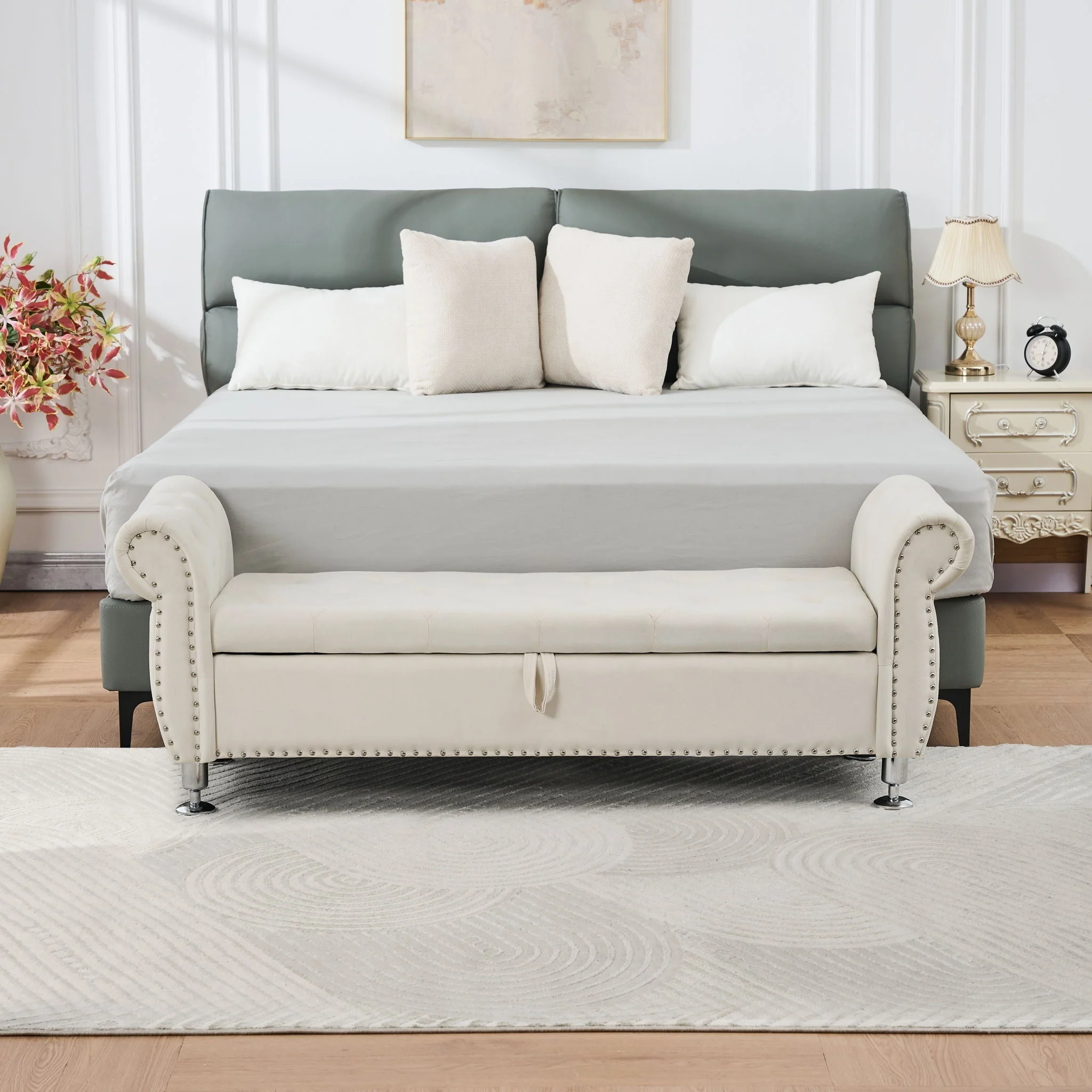 Storage Bench With Crystal Buttons And 1 Pillow For Bedroom - Image 4