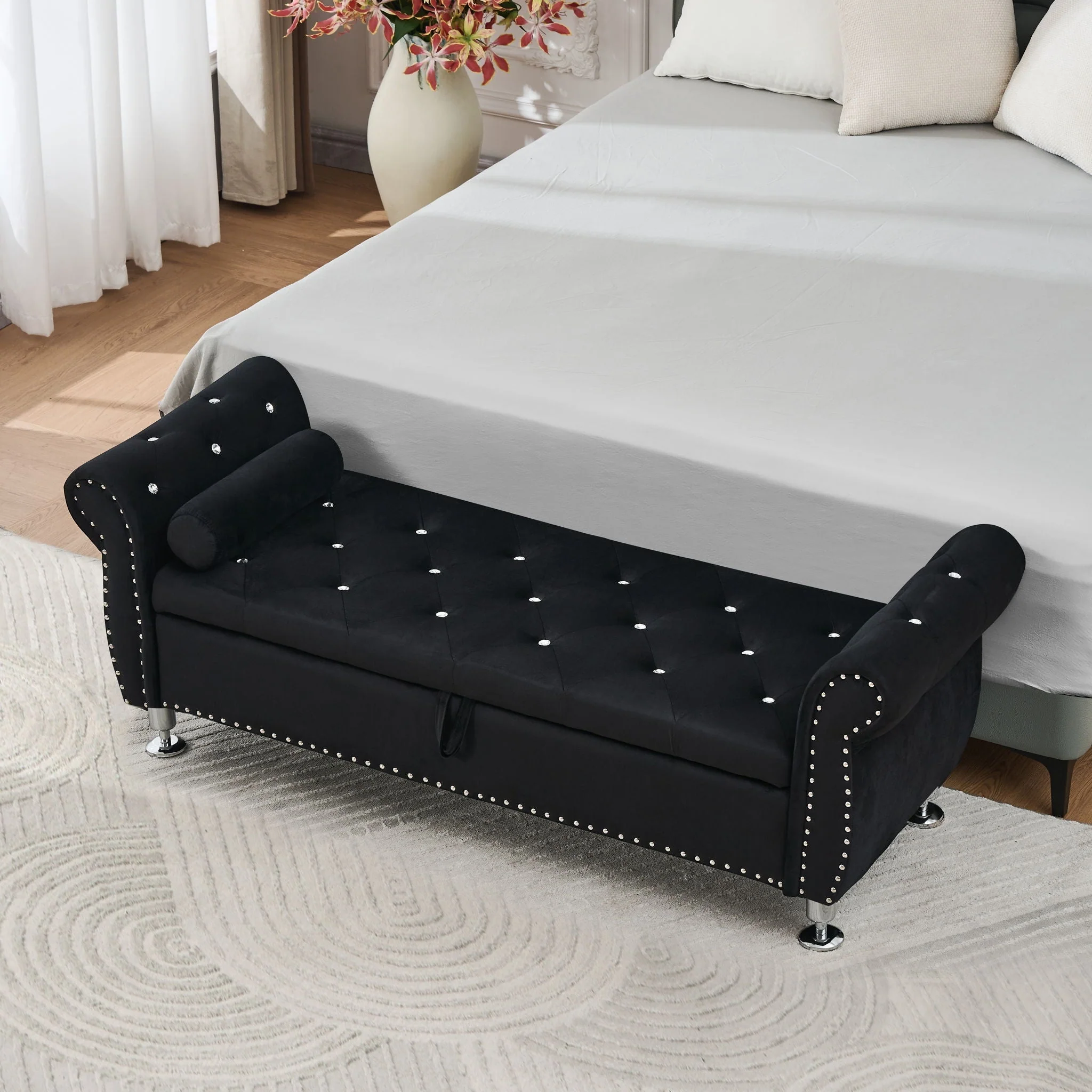 Storage Bench With Crystal Buttons And 1 Pillow For Bedroom - Image 5