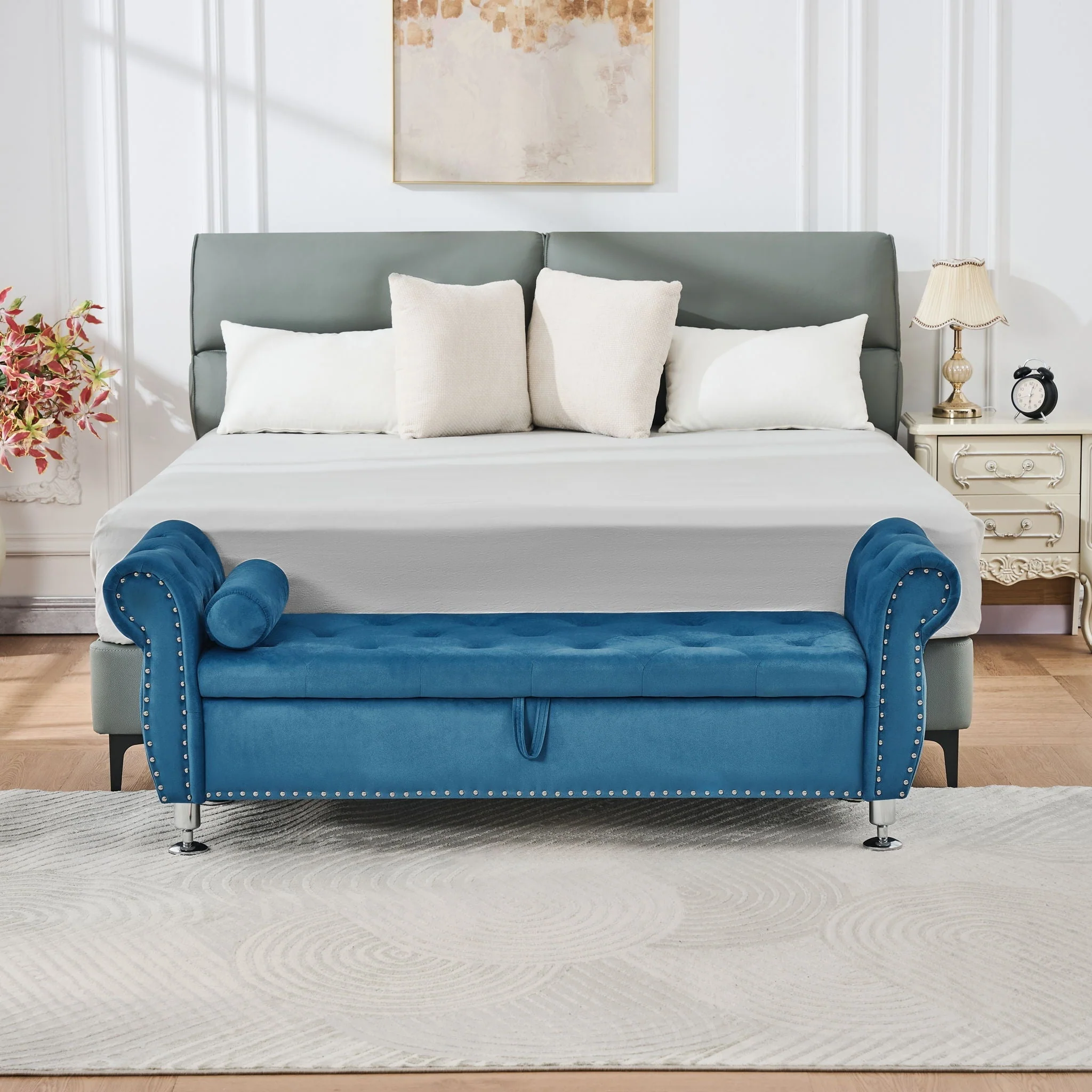 Storage Bench With Crystal Buttons And 1 Pillow For Bedroom - Image 7