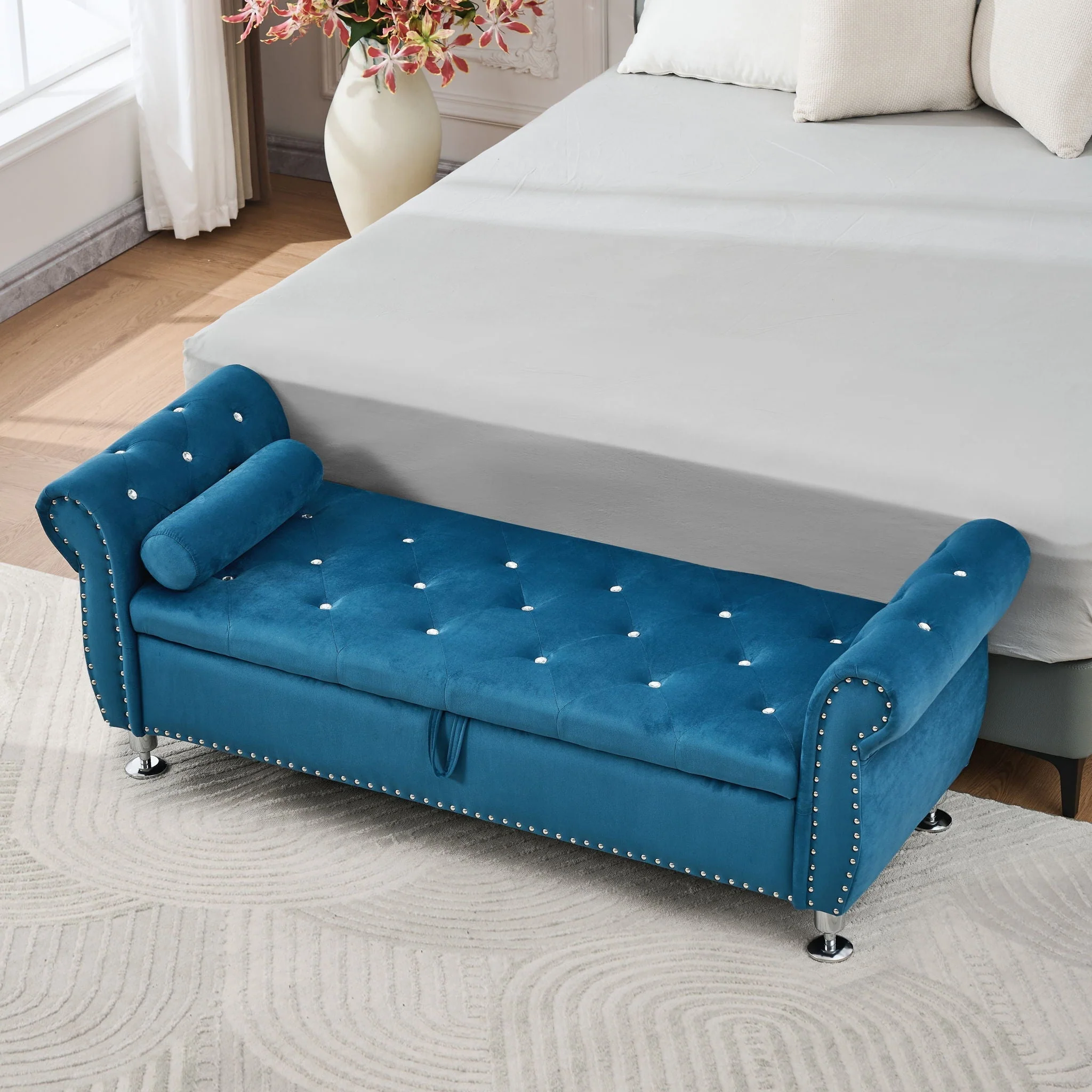 Storage Bench With Crystal Buttons And 1 Pillow For Bedroom - Image 9