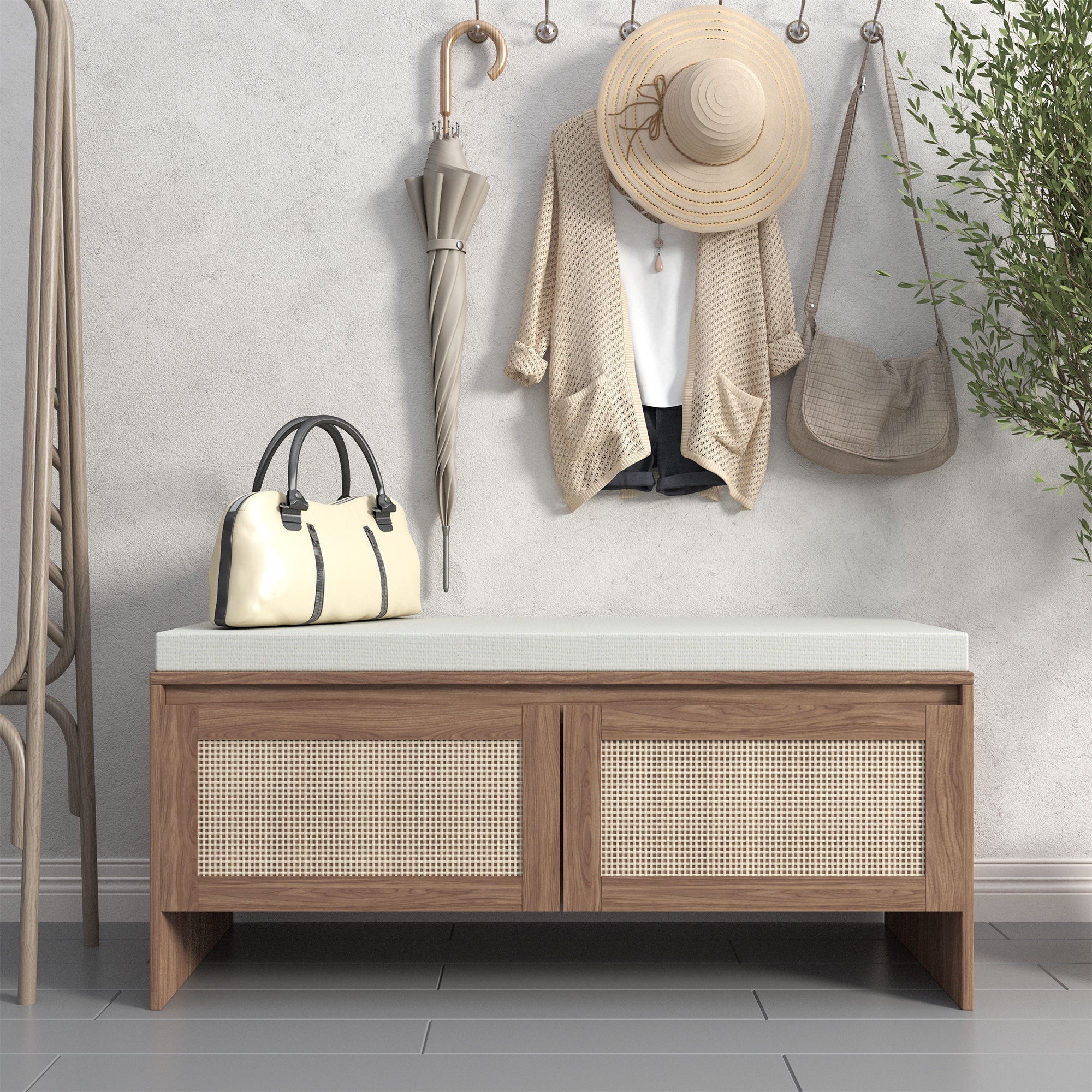 Storage Bench With Cushion, Shoe Cabinet With 2 Doors - Antique Natural / Rattan - Image 2
