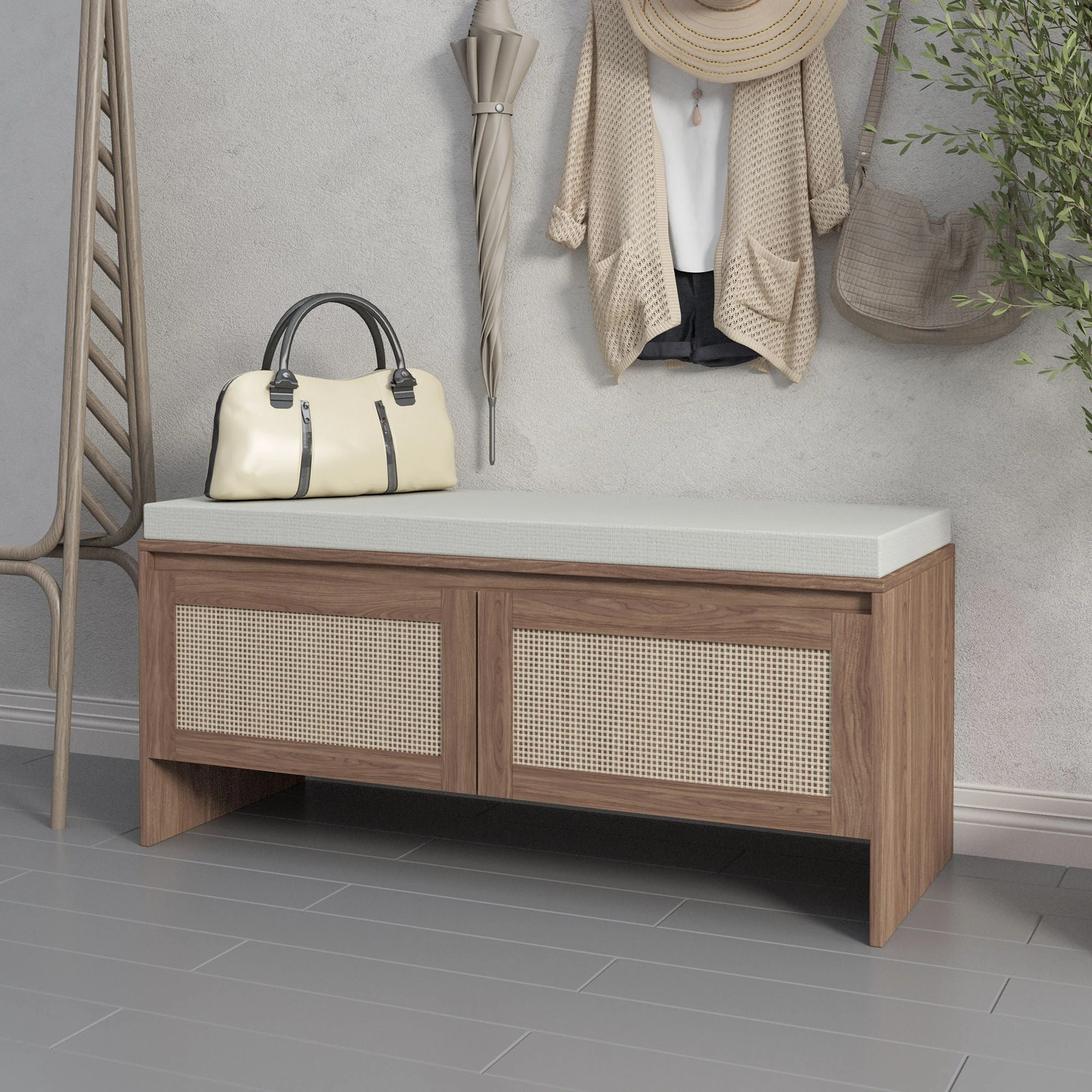Storage Bench With Cushion, Shoe Cabinet With 2 Doors - Antique Natural / Rattan - Image 3