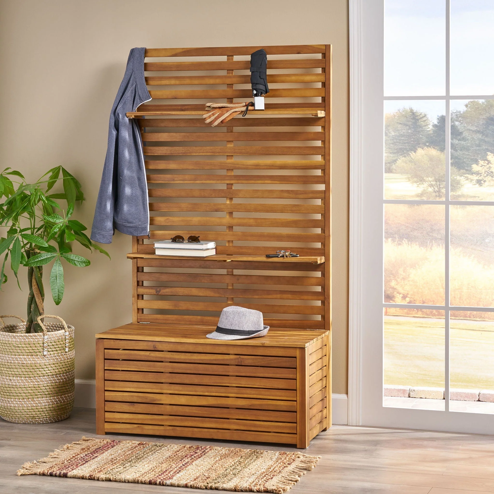 Storage Bench With Rack - Teak - Image 2