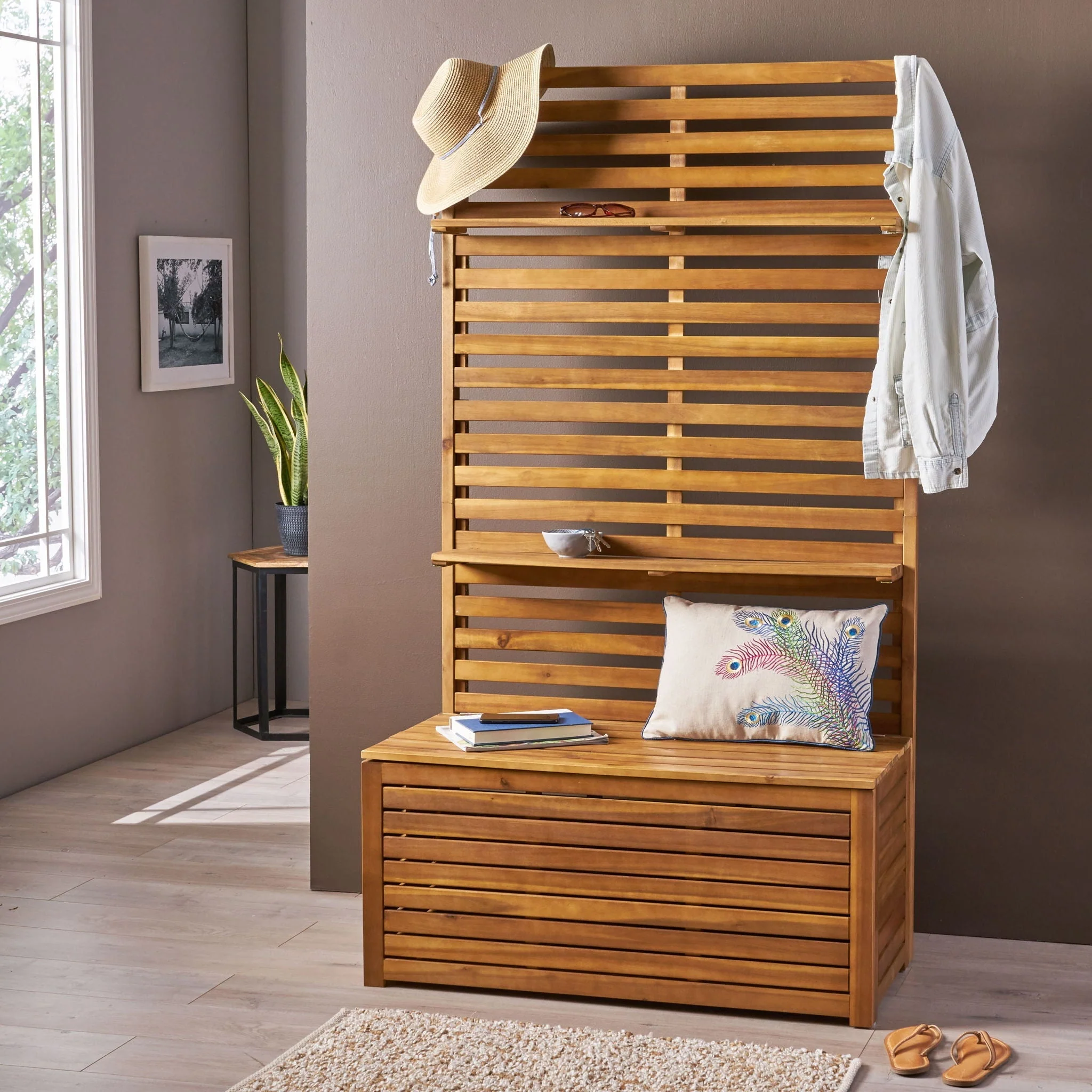 Storage Bench With Rack - Teak - Image 4