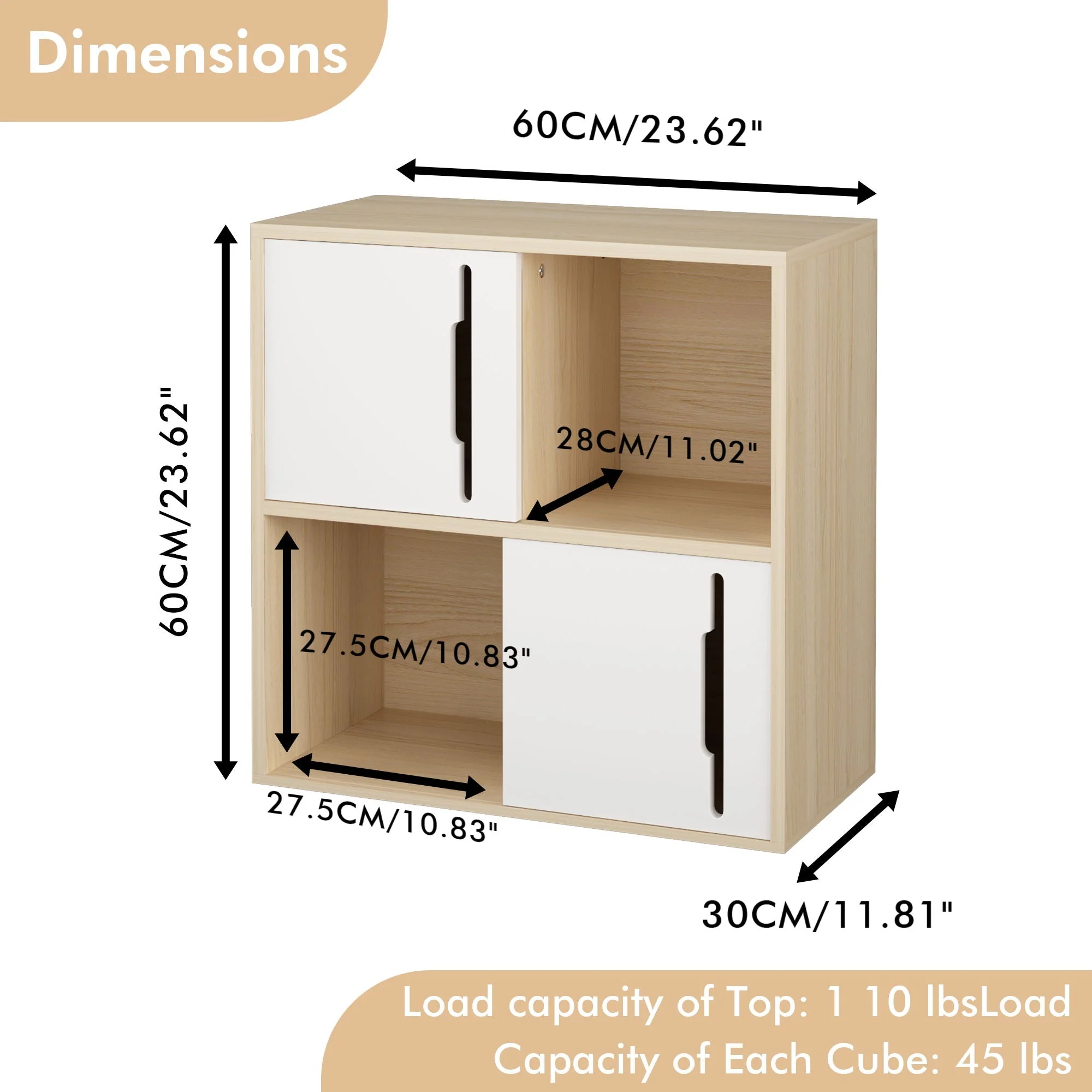 Storage Cabinet With Sliding Doors, 2 Tier Open And Closed Shelves Organizer - Natural / White - Image 2