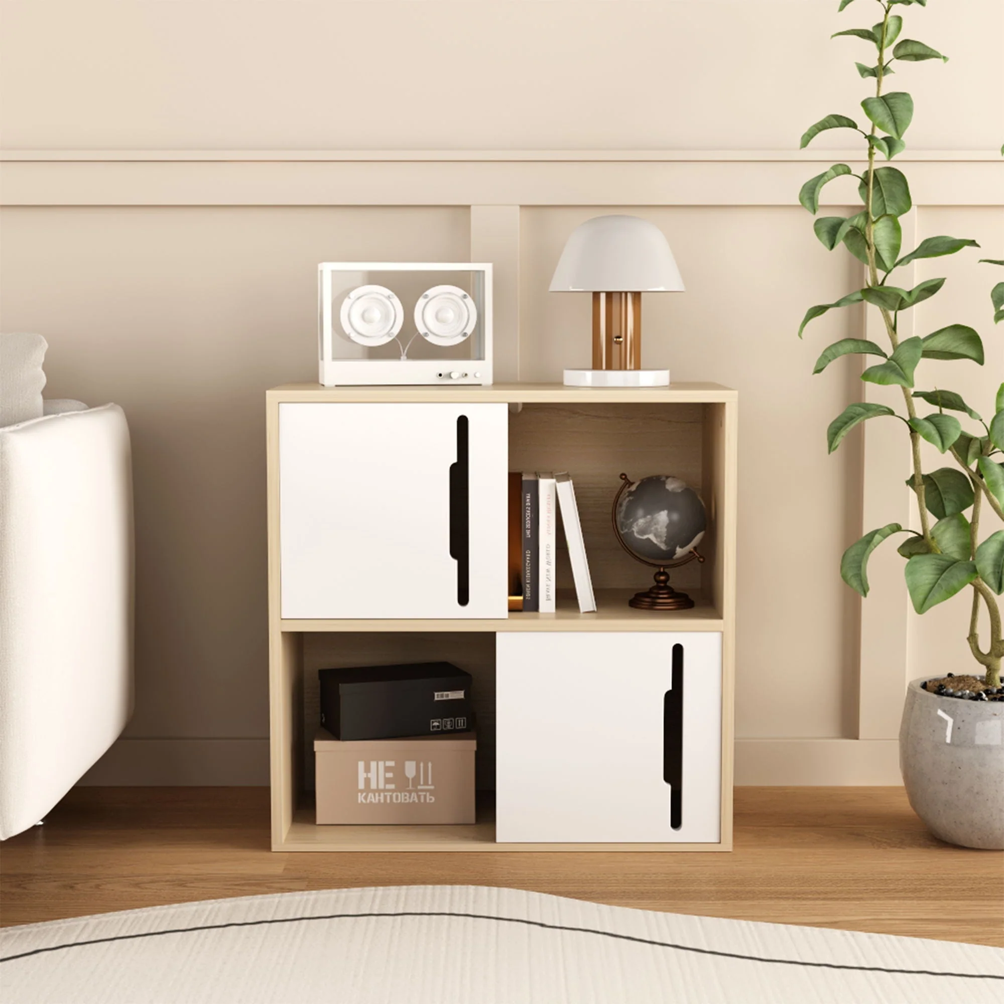 Storage Cabinet With Sliding Doors, 2 Tier Open And Closed Shelves Organizer - Natural / White - Image 3