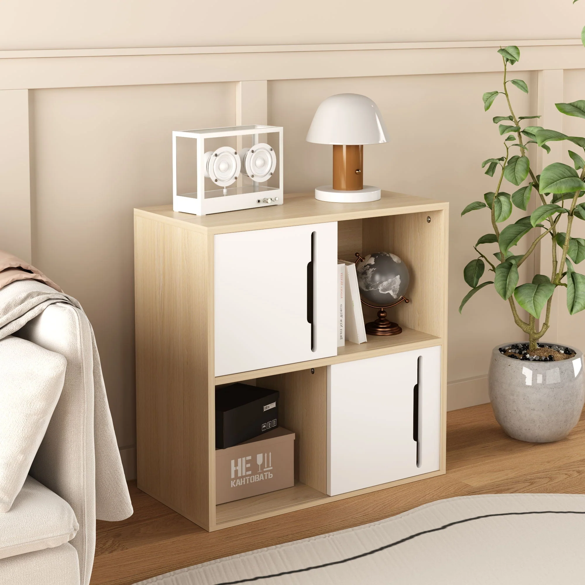 Storage Cabinet With Sliding Doors, 2 Tier Open And Closed Shelves Organizer - Natural / White - Image 4