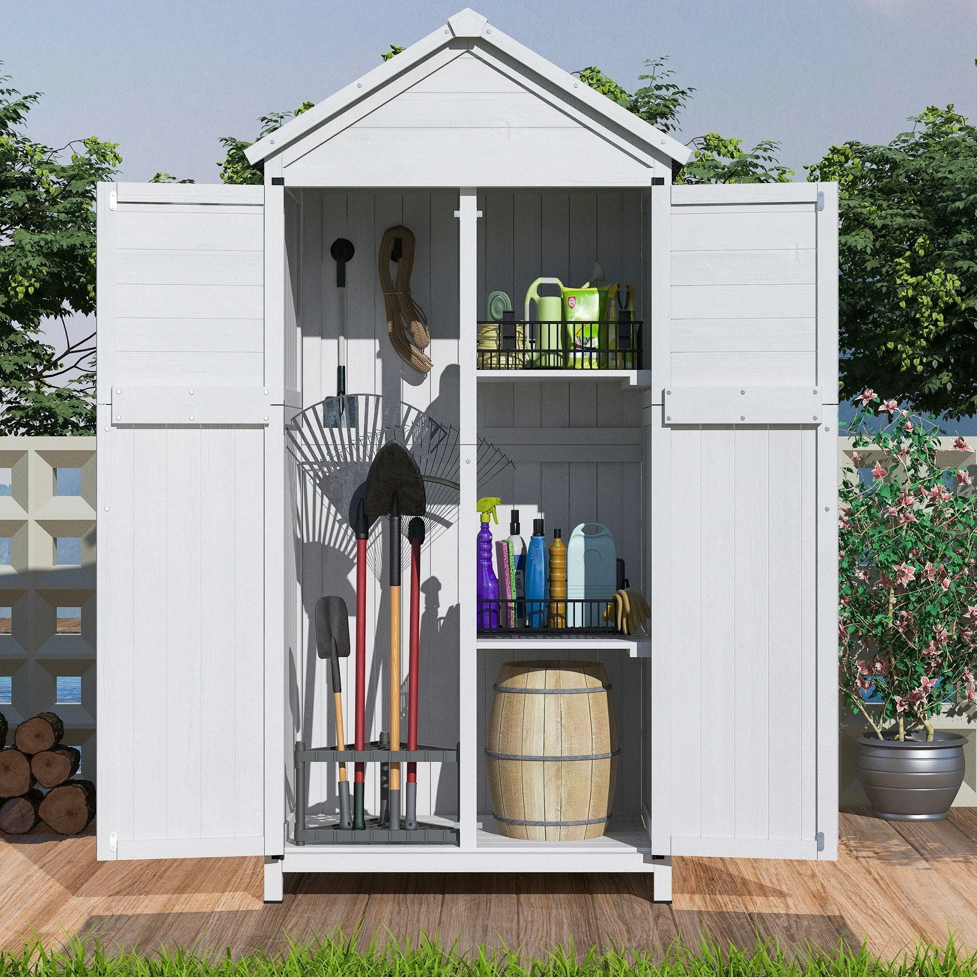 Storage Shed With Double Doors For Outdoor Garden Tool Organization - White - Image 4