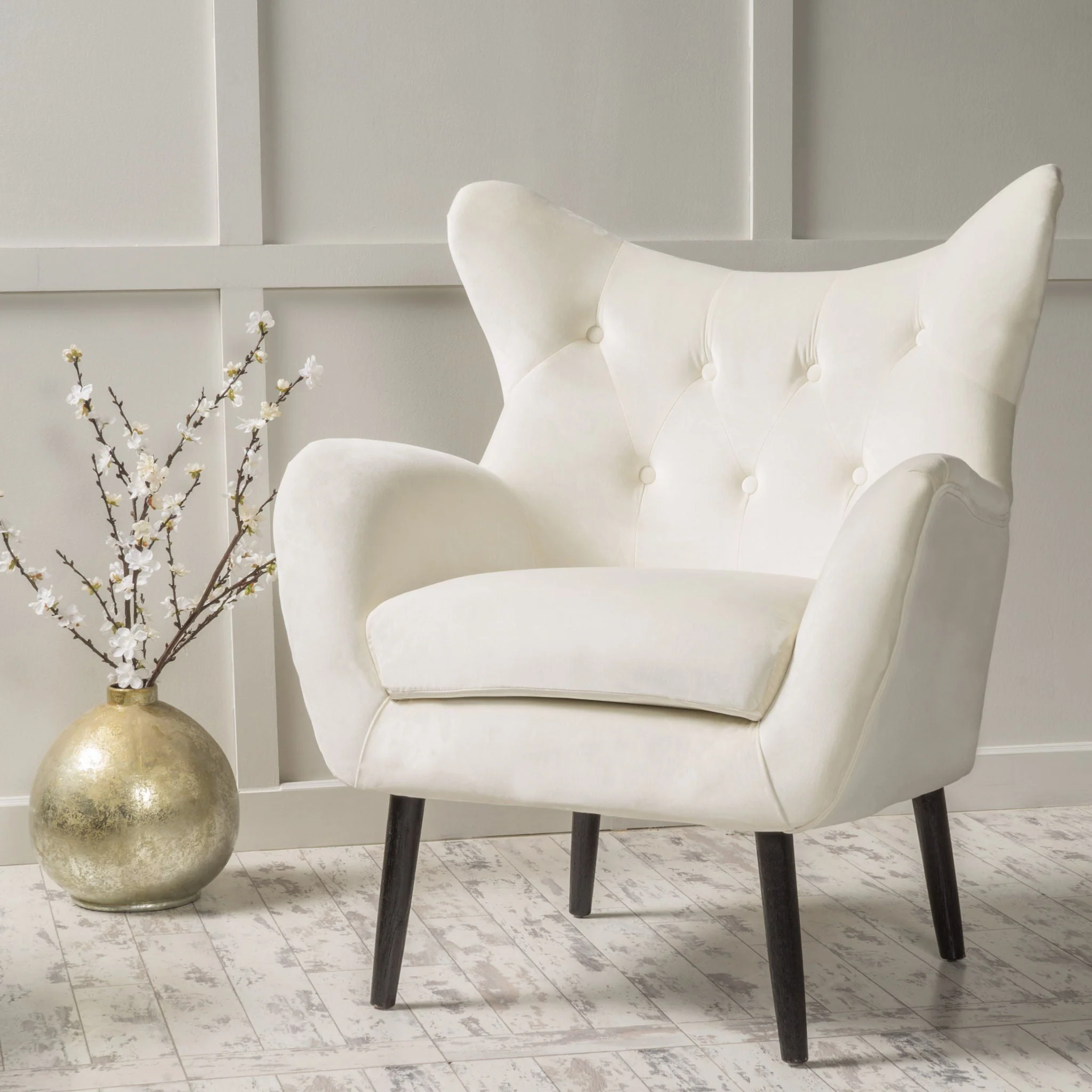 Style Velvet Arm Chair With Wingback And Flared Arms - Ivory - Image 2