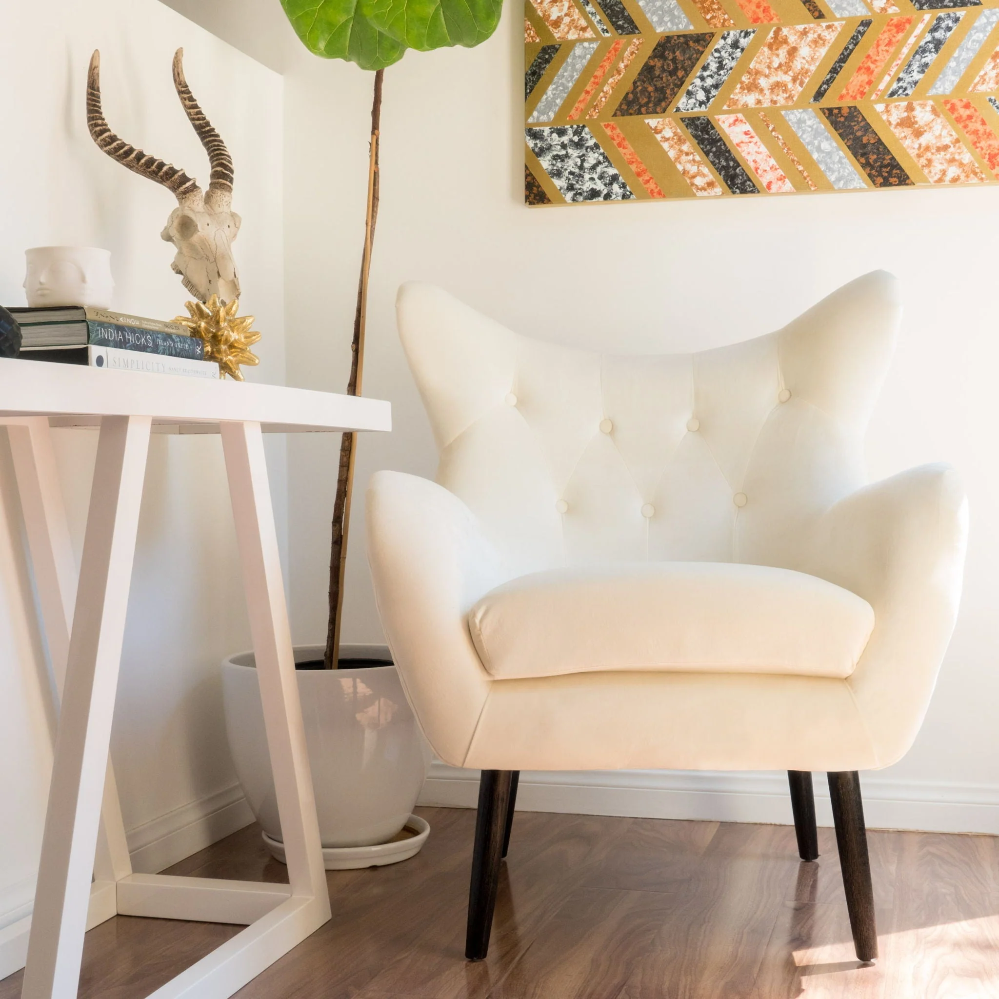 Style Velvet Arm Chair With Wingback And Flared Arms - Ivory - Image 4