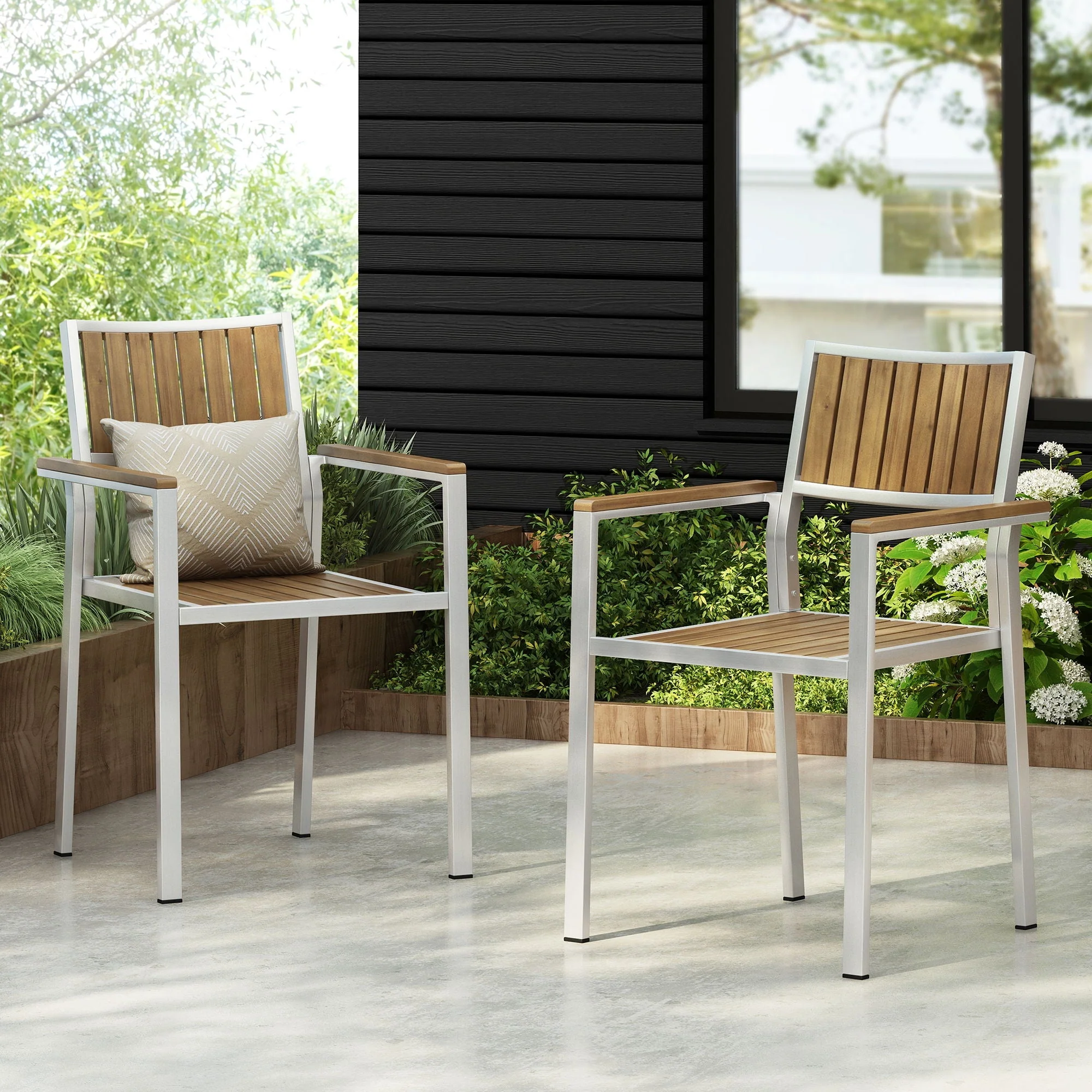 Stylish Modern Faux Wood & Aluminum Outdoor Dining Chairs (Set of 2) - Image 2