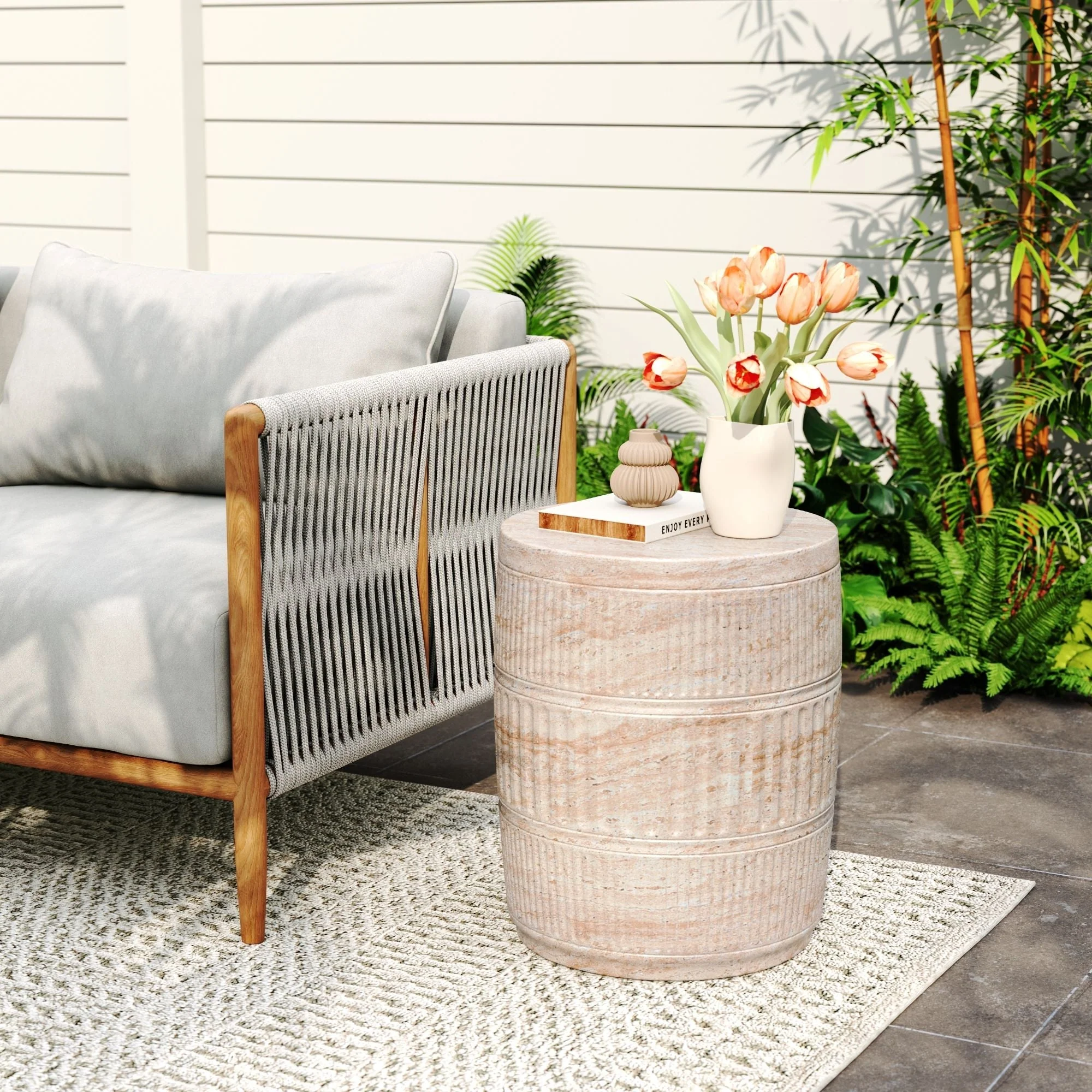 Stylish Outdoor / Indoor Lightweight Concrete Side Table With Travertine - Beige - Image 3