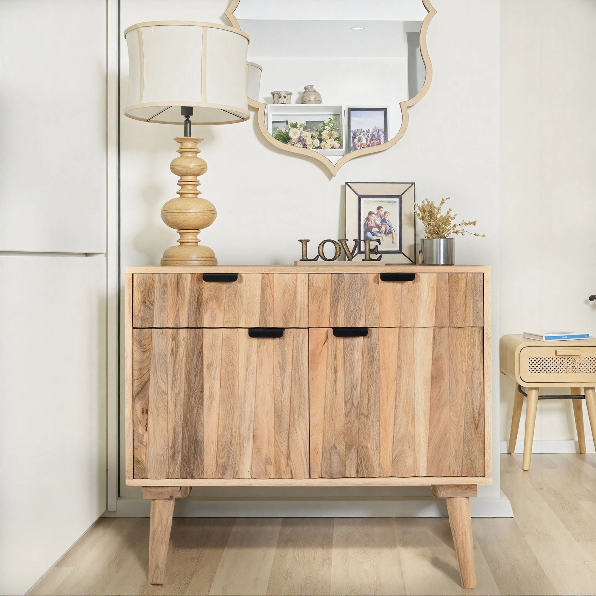 Stylish Style 2 Drawer 2 Door Cabinet, Mango Wood - Natural - Image 3