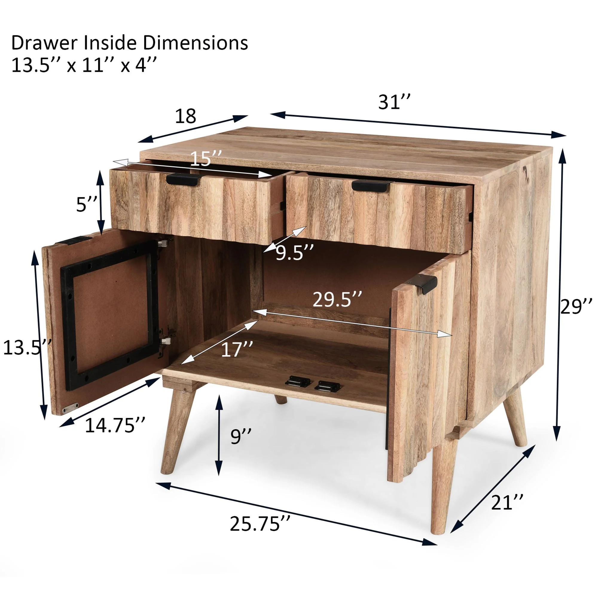 Stylish Style 2 Drawer 2 Door Cabinet, Mango Wood - Natural - Image 4