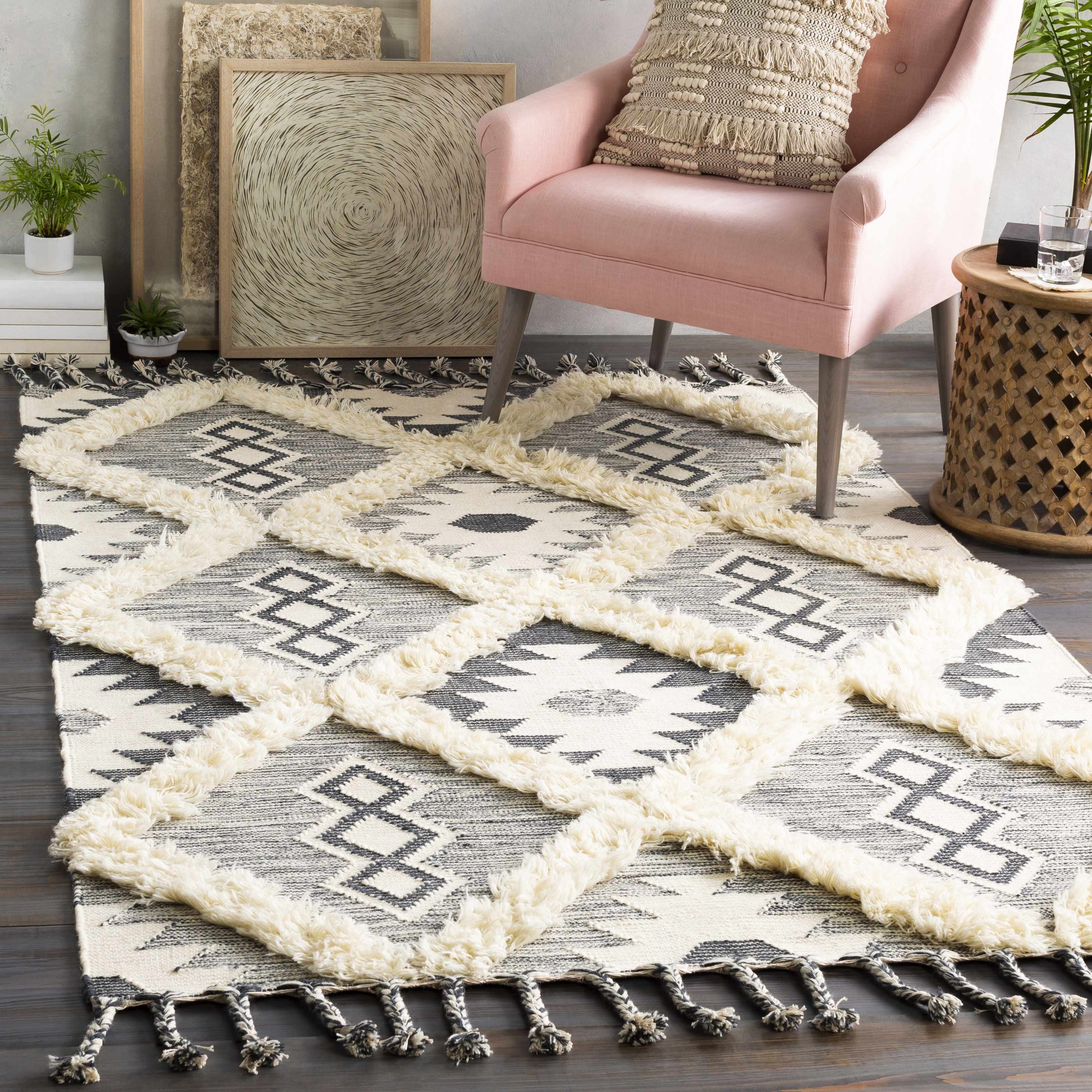 Sultan Charcoal/Beige Tribal Tassel Wool Rug - Clearance - Image 2