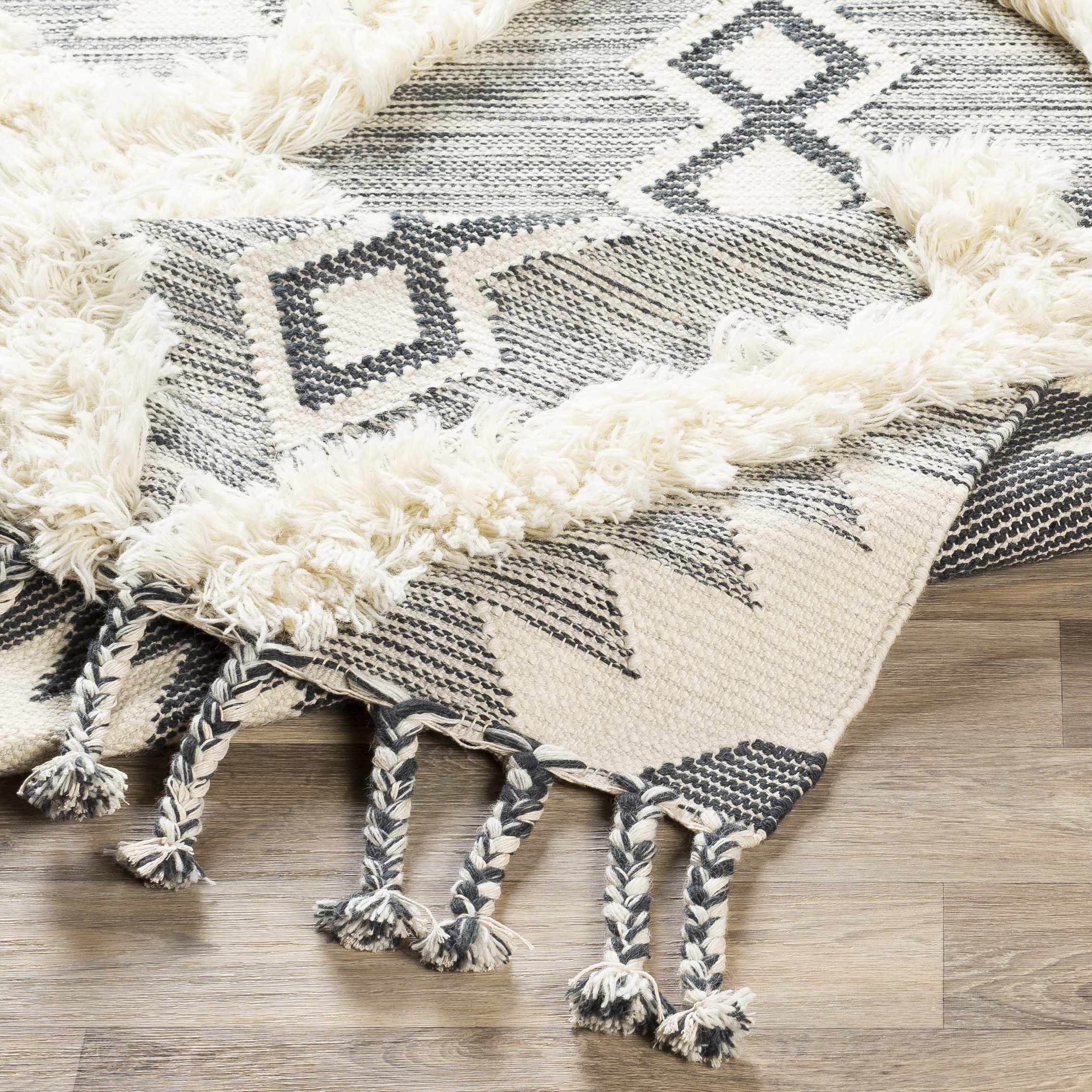 Sultan Charcoal/Beige Tribal Tassel Wool Rug - Clearance - Image 6