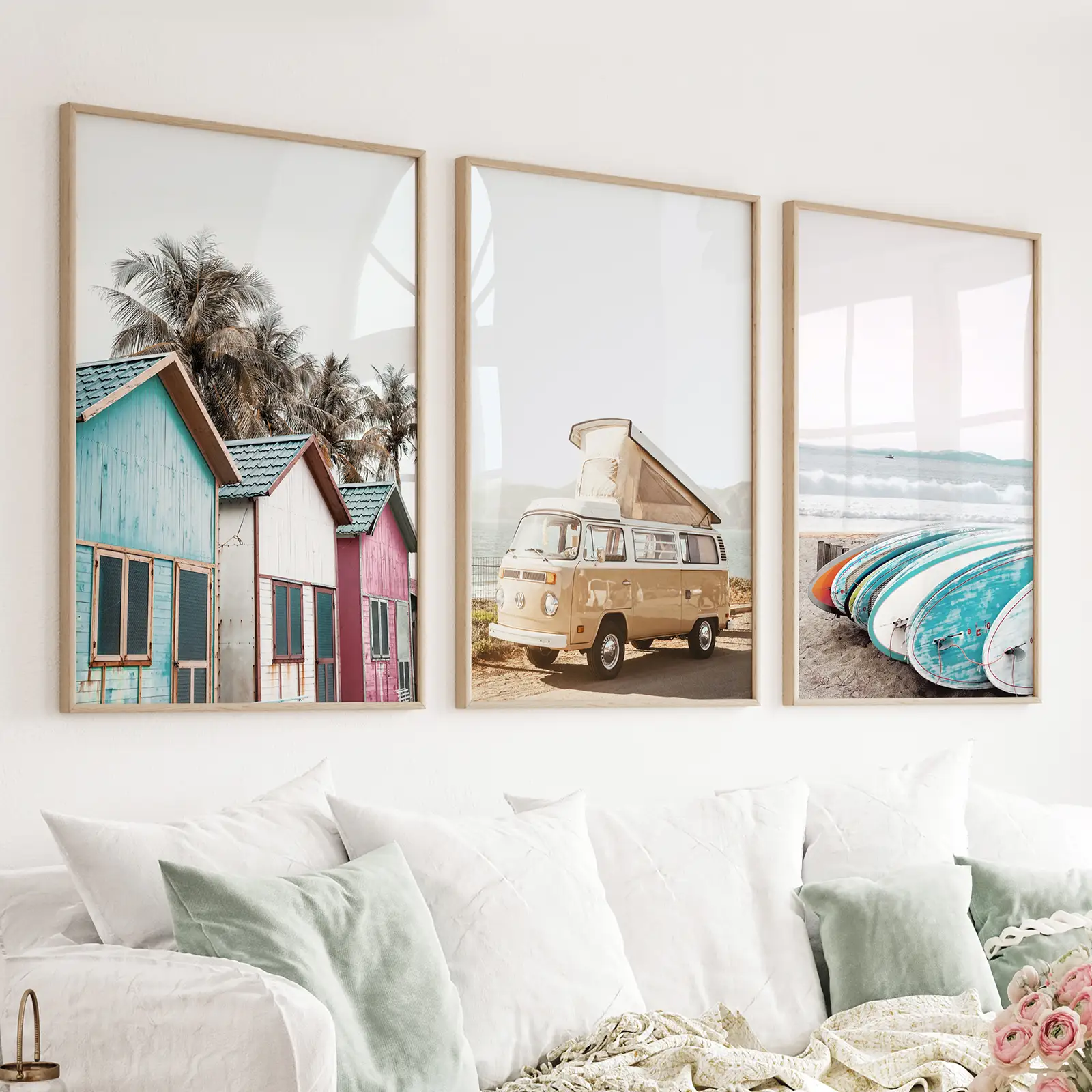 Summer Surfing Wall Art Set. Yellow Bus, Surfboards, Beach Cabins