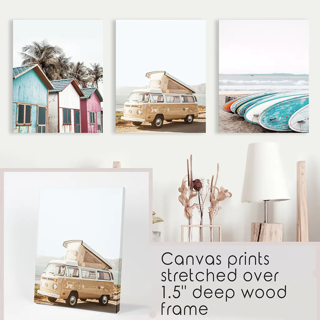 Summer Surfing Wall Art Set. Yellow Bus, Surfboards, Beach Cabins - Image 10