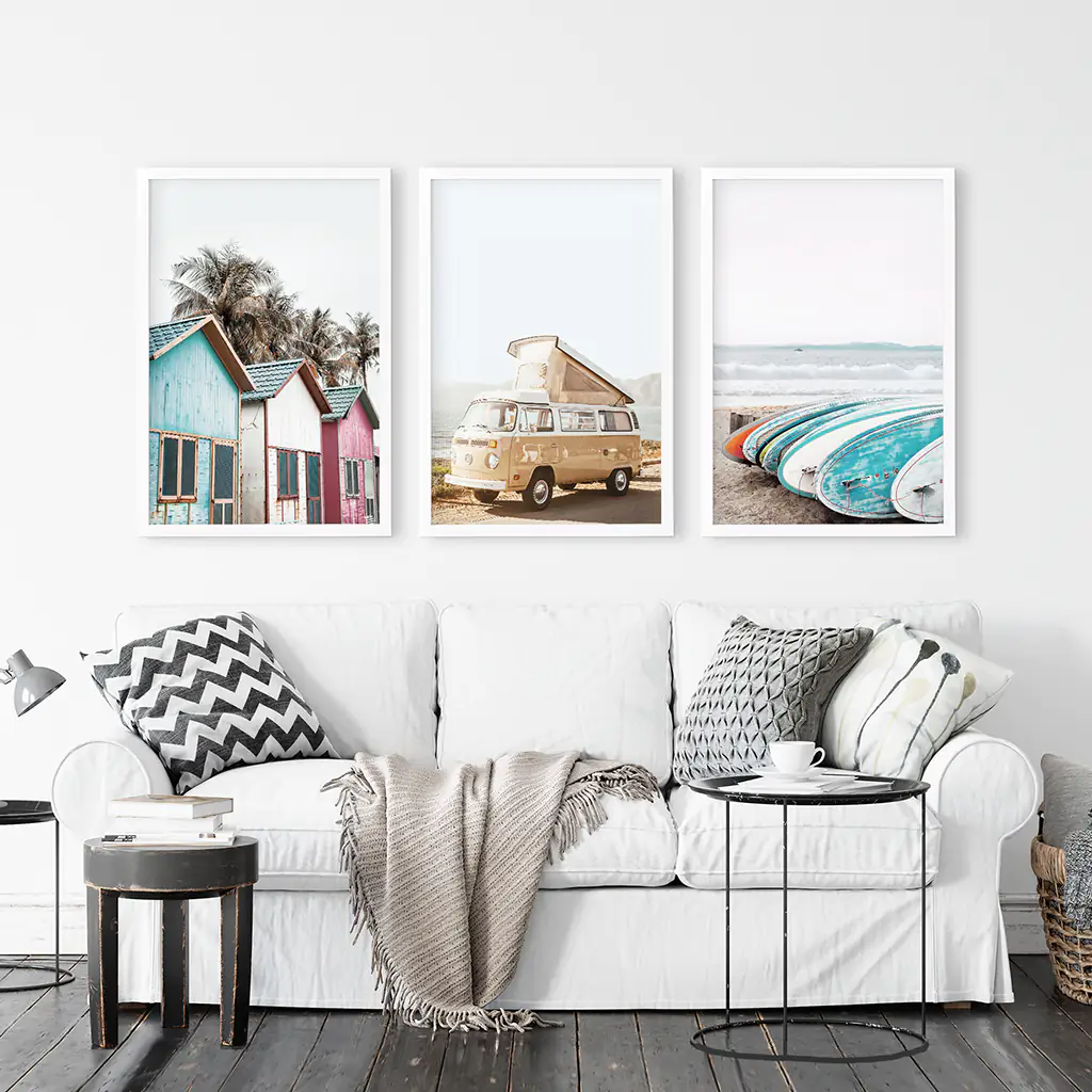 Summer Surfing Wall Art Set. Yellow Bus, Surfboards, Beach Cabins - Image 3