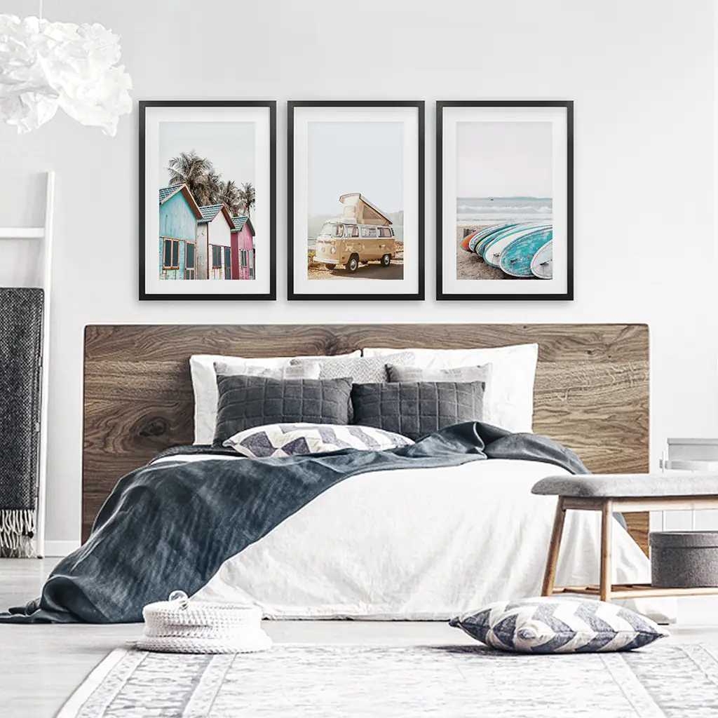 Summer Surfing Wall Art Set. Yellow Bus, Surfboards, Beach Cabins - Image 4
