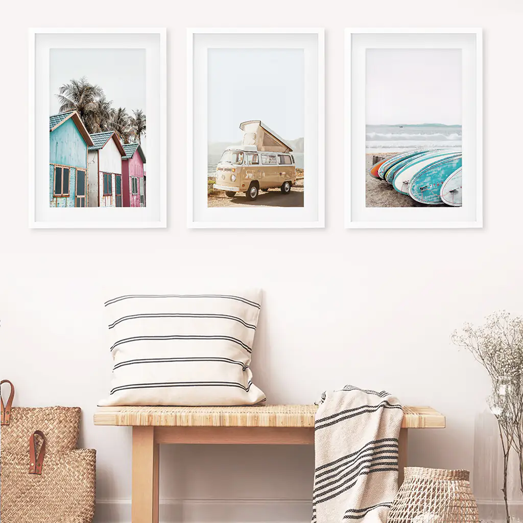 Summer Surfing Wall Art Set. Yellow Bus, Surfboards, Beach Cabins - Image 5