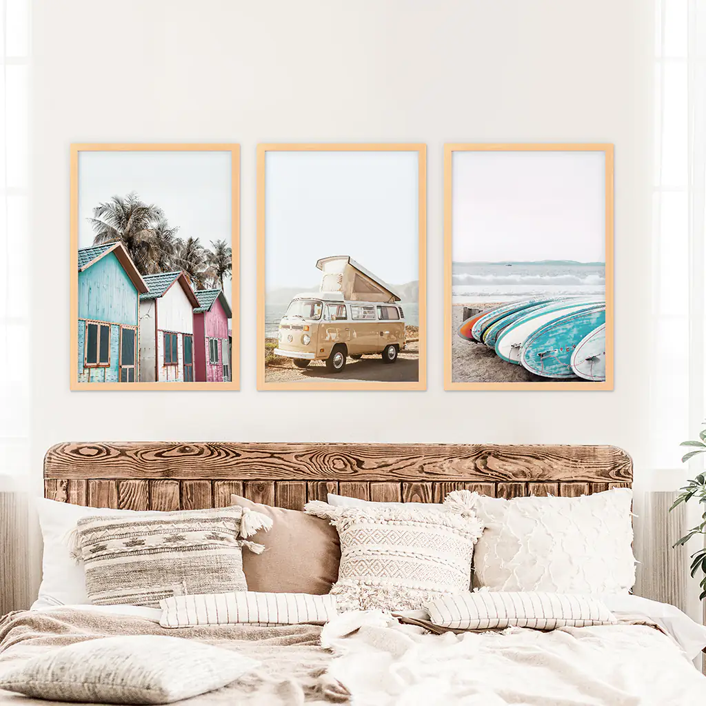 Summer Surfing Wall Art Set. Yellow Bus, Surfboards, Beach Cabins - Image 8