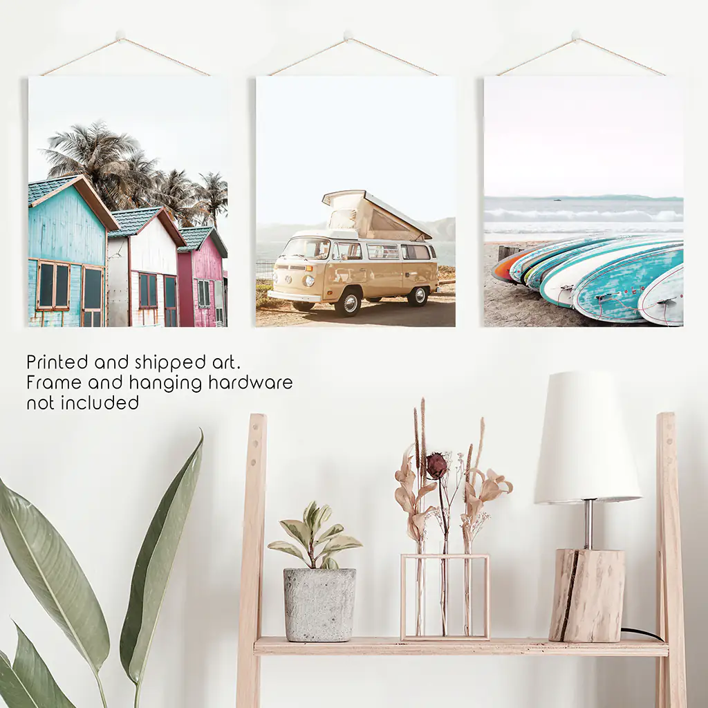 Summer Surfing Wall Art Set. Yellow Bus, Surfboards, Beach Cabins - Image 9