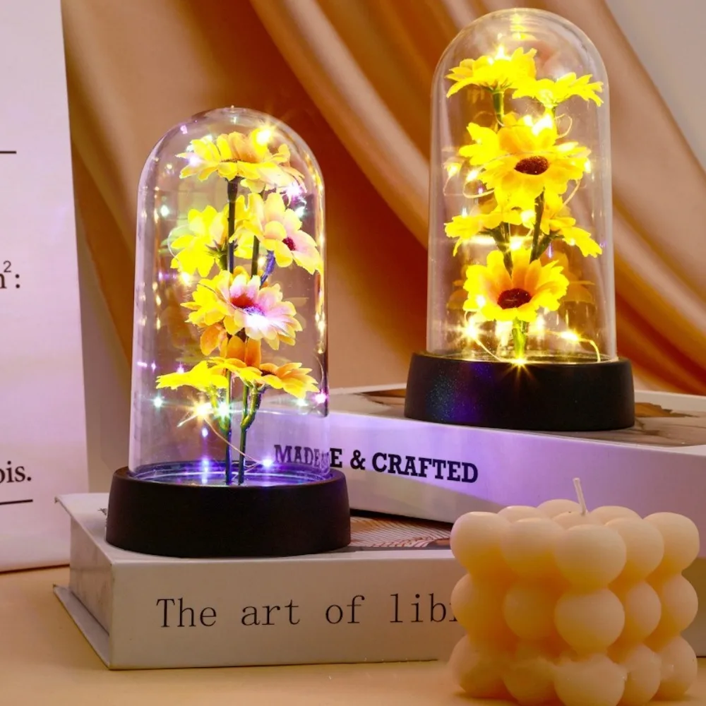 Sunflower LED Glass Dome Night Light Artificial Flower Graduation Gift Home Decor - Image 3